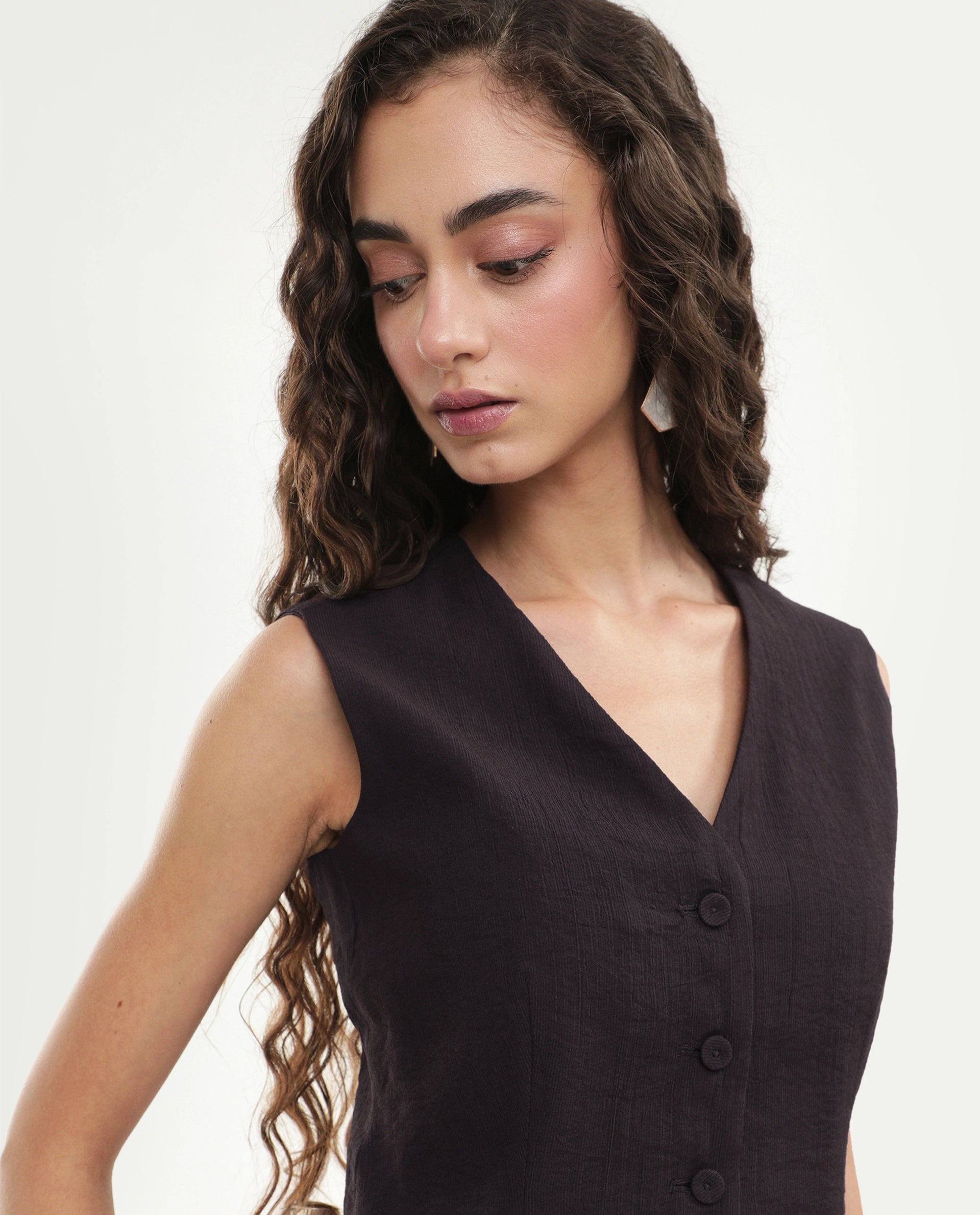 Rareism Women's Diva Brown Viscose Blend V-Neck Button Regular Plain Waist Coat
