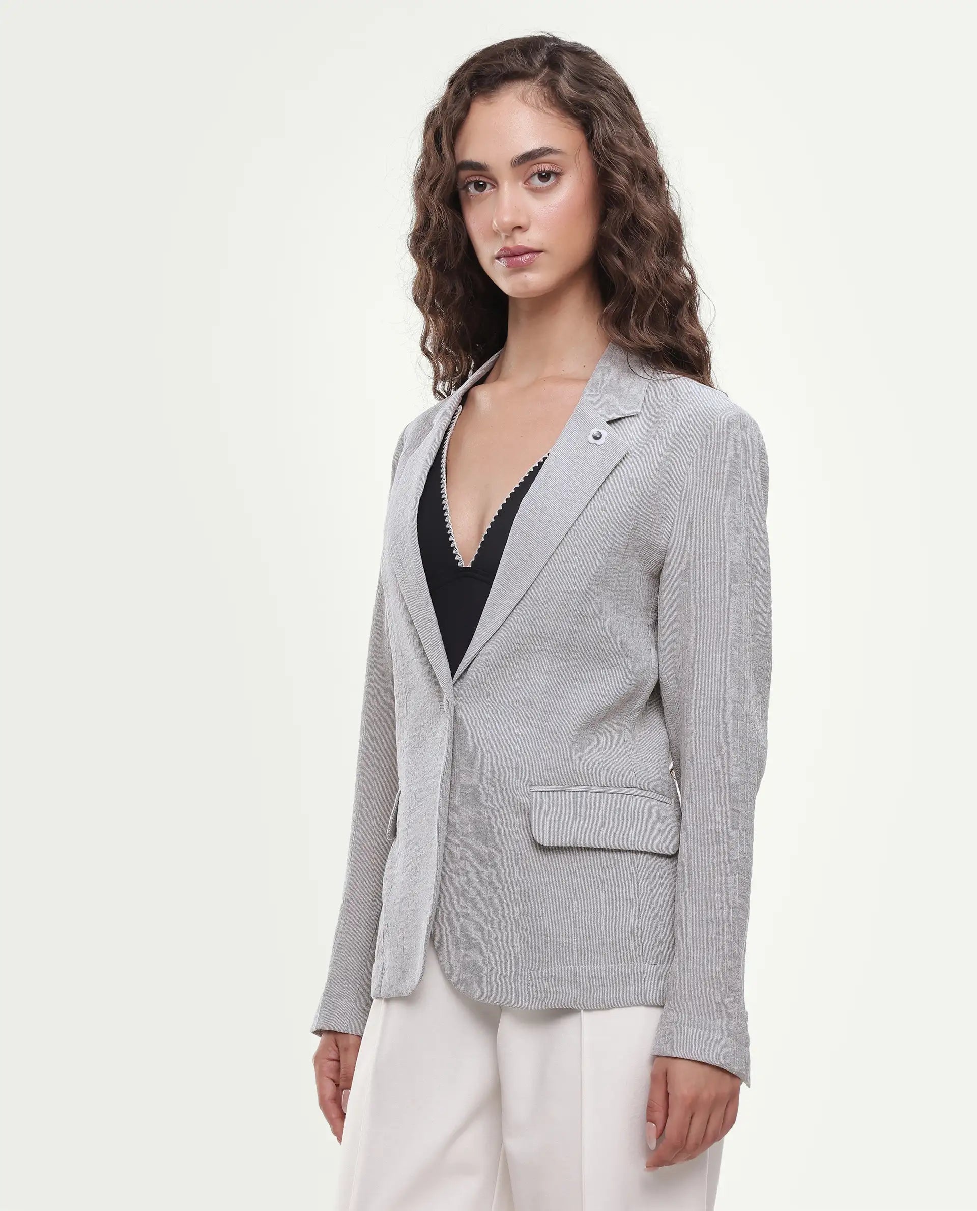 Rareism Women's Diza Grey Plain Viscose Blend Regular Long Sleeves Blazer