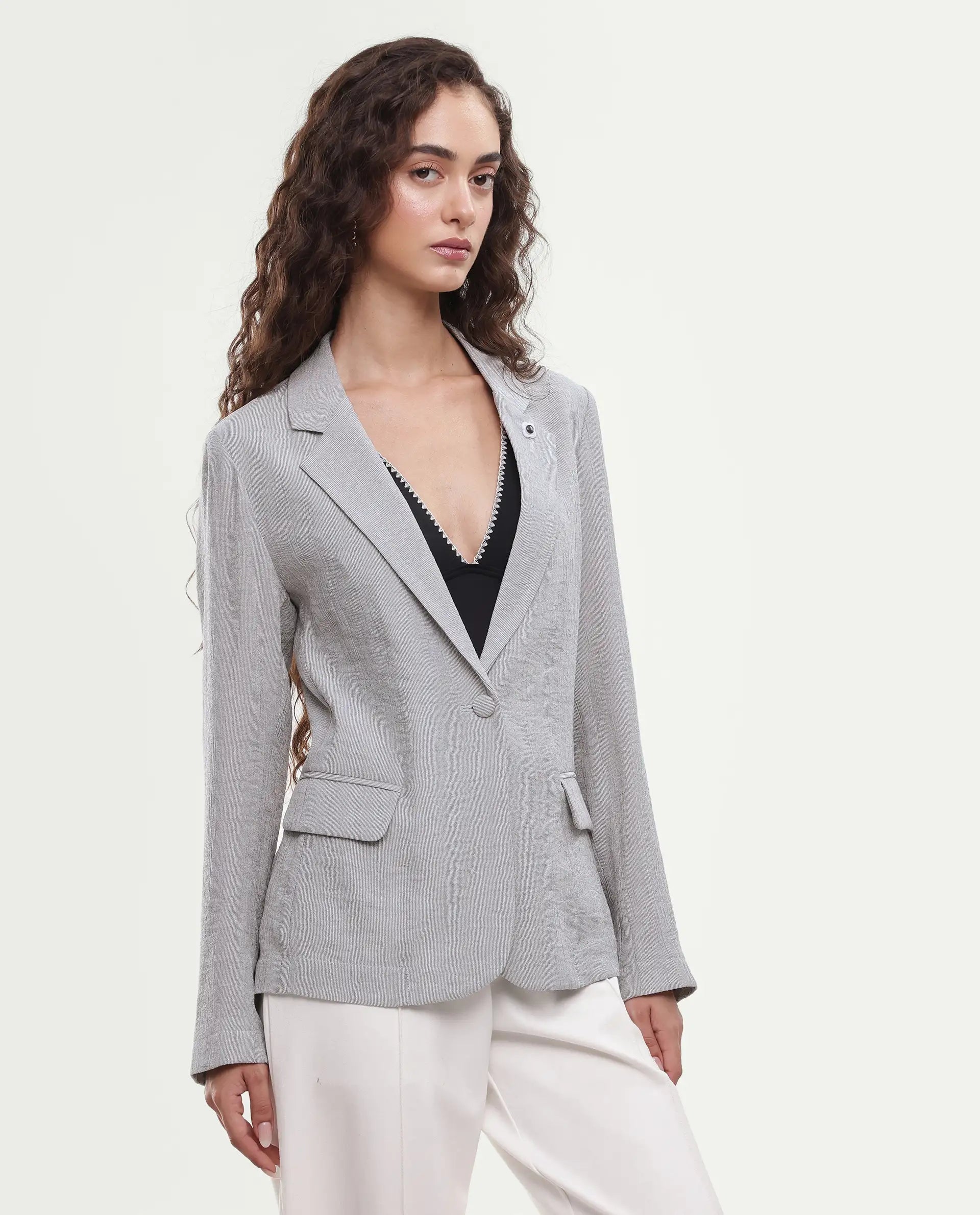 Rareism Women's Diza Grey Plain Viscose Blend Regular Long Sleeves Blazer