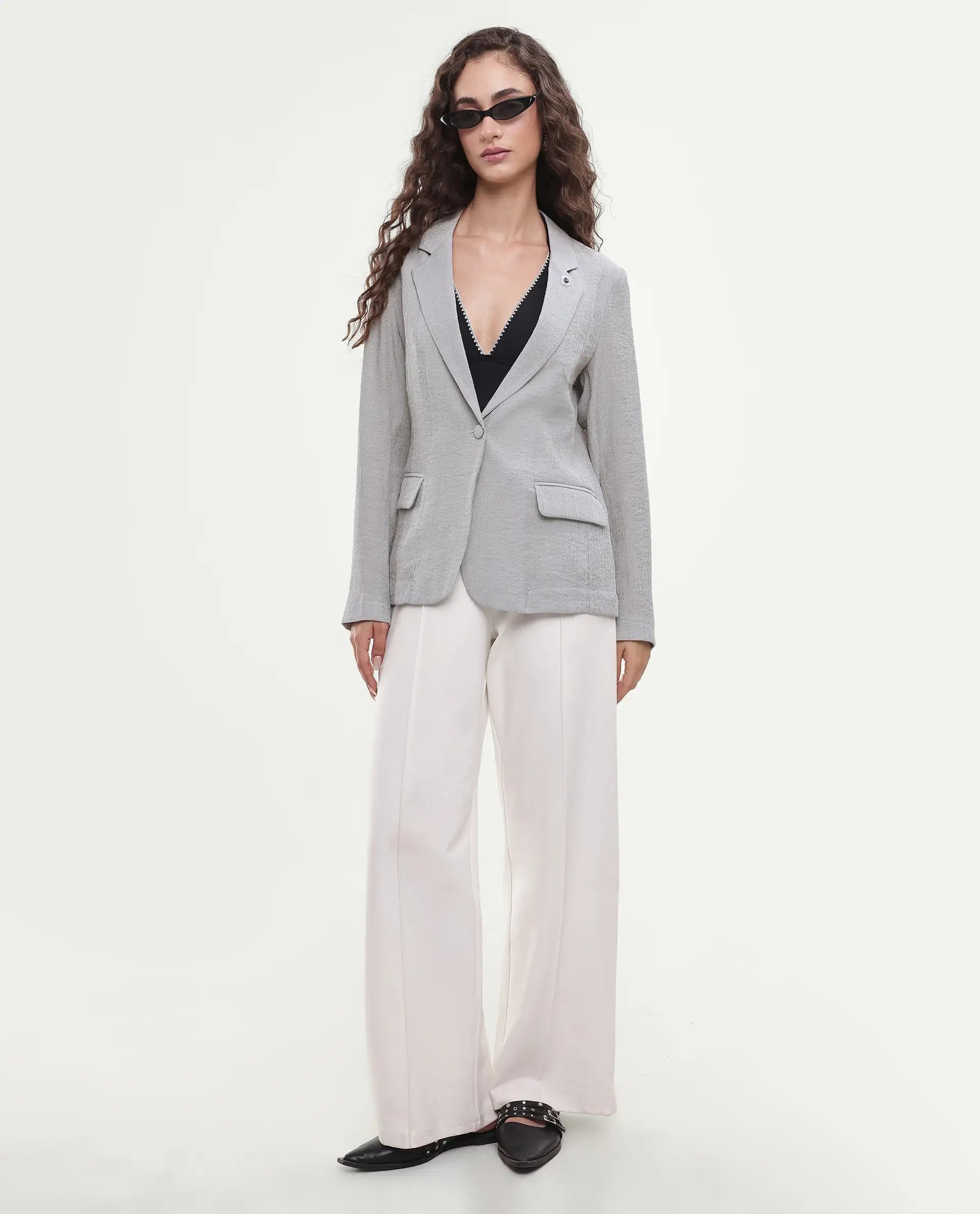 Rareism Women's Diza Grey Plain Viscose Blend Regular Long Sleeves Blazer