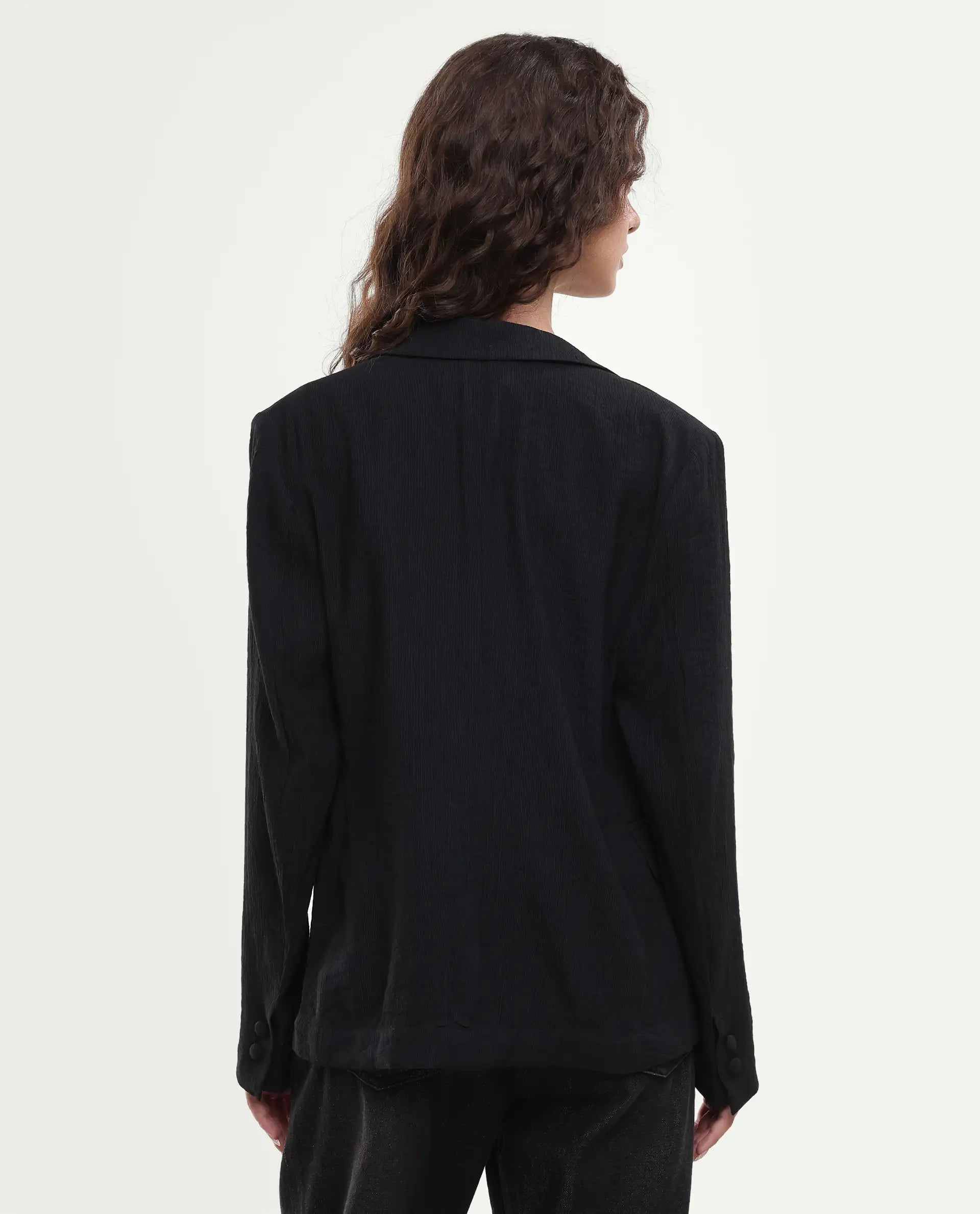 Rareism Women's Diza Black Viscose Blend Lapel Neck Button Regular Plain Blazer