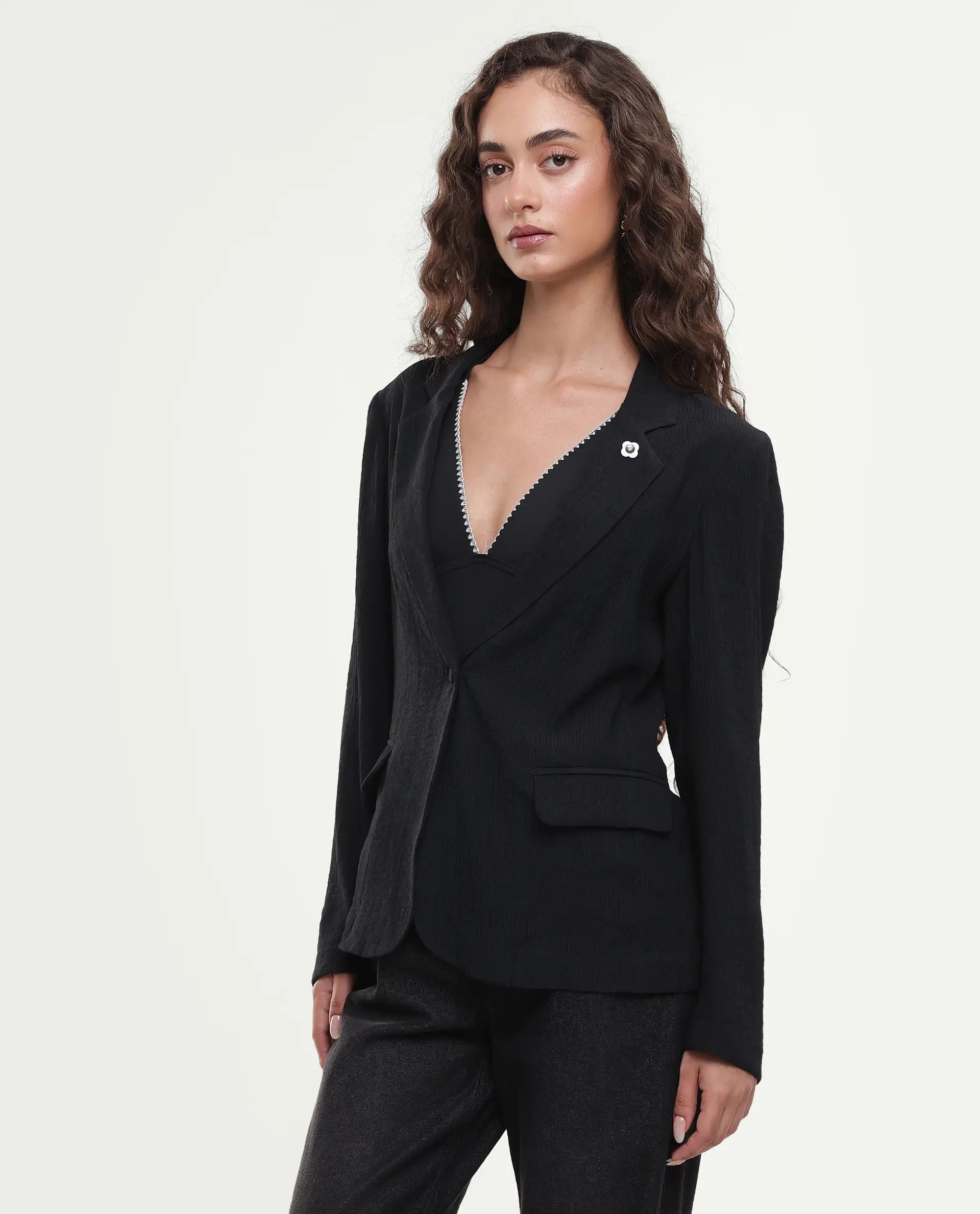 Rareism Women's Diza Black Viscose Blend Lapel Neck Button Regular Plain Blazer