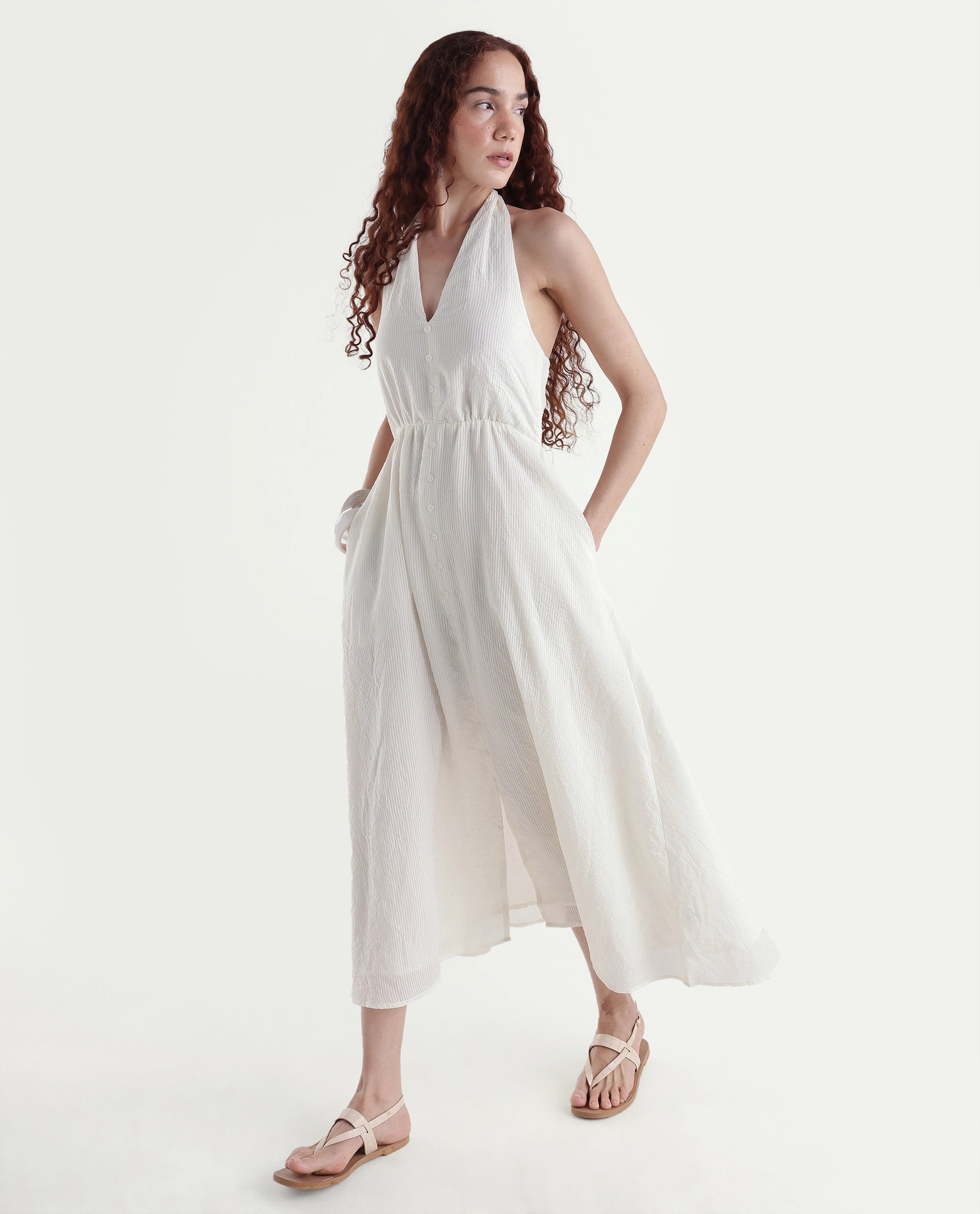 Rareism Women's Domaxa Off White Plain Viscose Blend Fit And Flare Sleeveless Dress