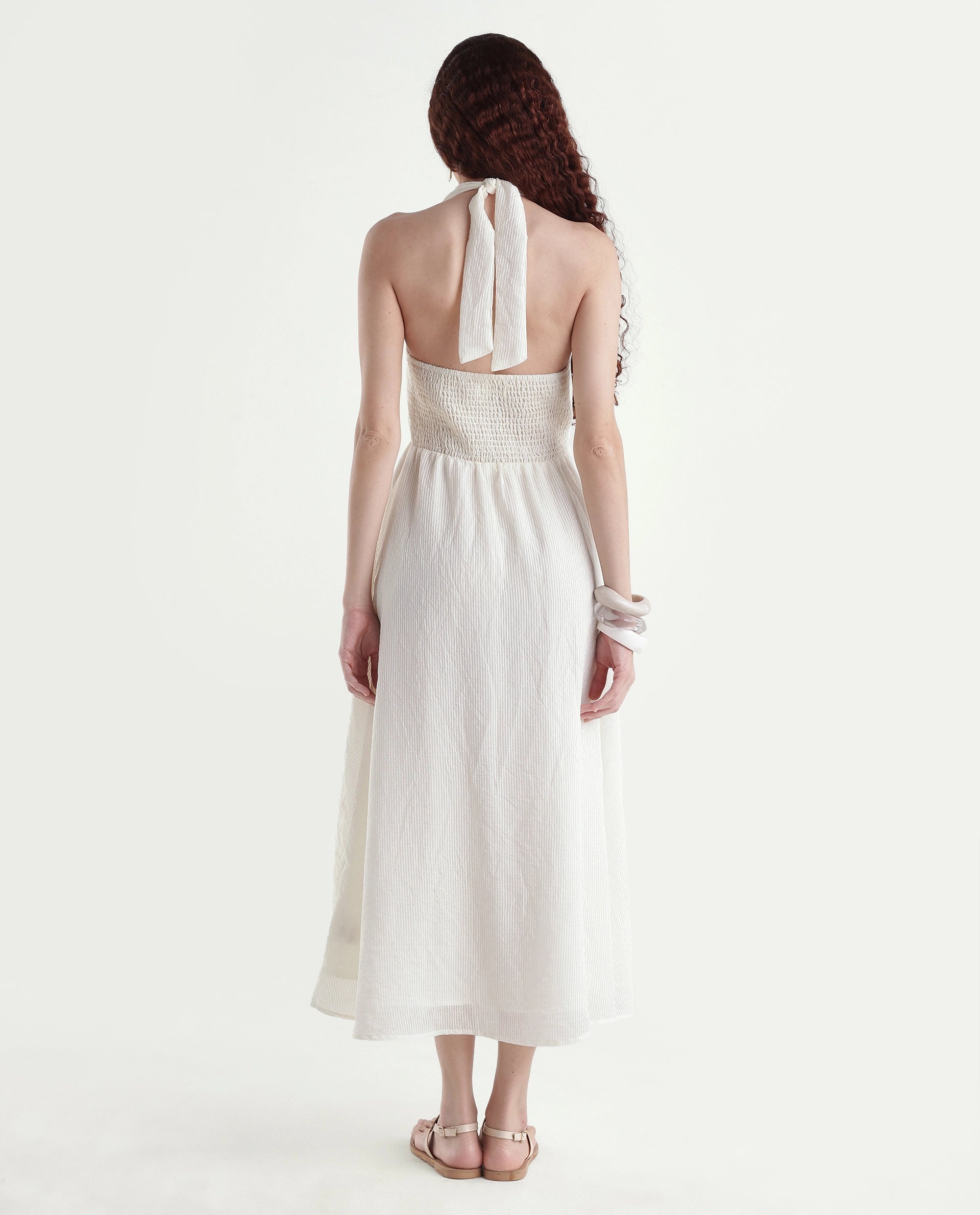 Rareism Women's Domaxa Off White Plain Viscose Blend Fit And Flare Sleeveless Dress