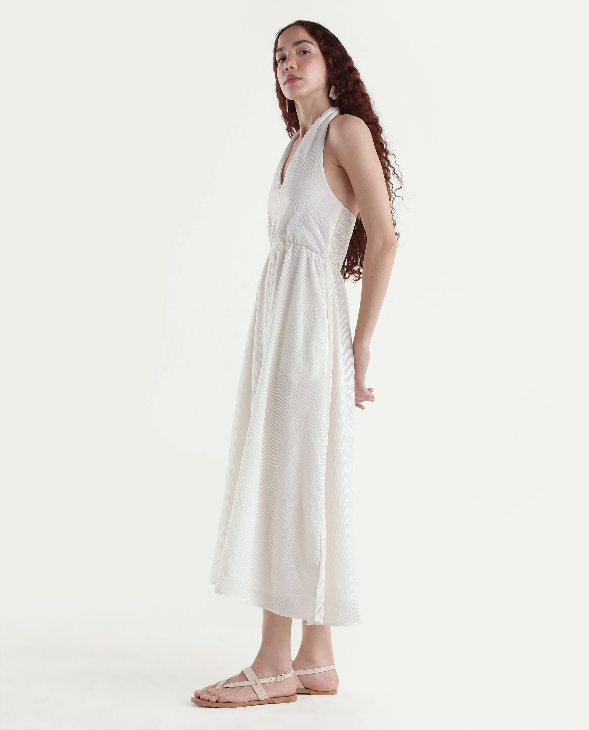 Rareism Women's Domaxa Off White Plain Viscose Blend Fit And Flare Sleeveless Dress