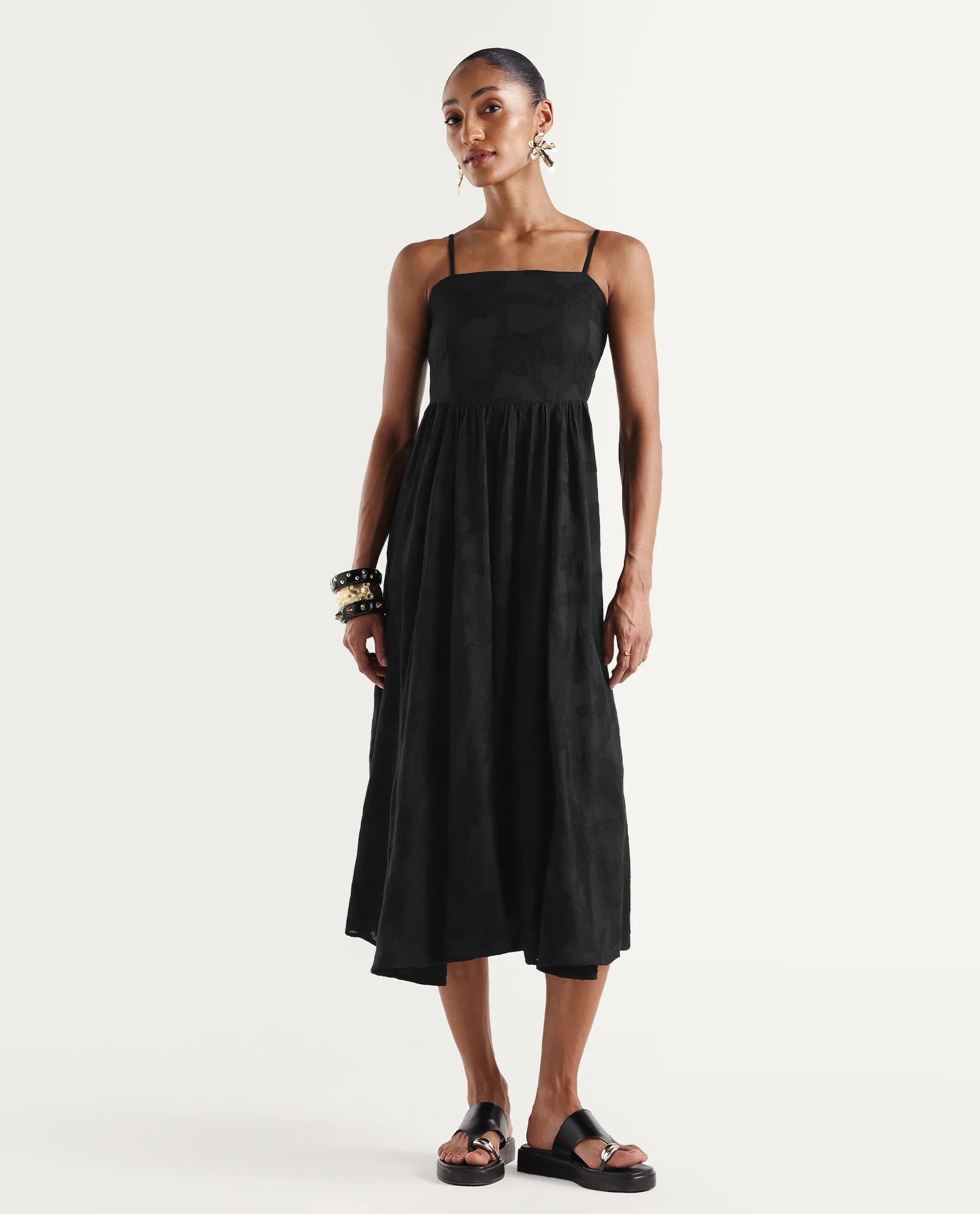 Rareism Women's Dosthu Black Viscose Blend Tube Elastic Fit And Flare Jacquard Print Dress