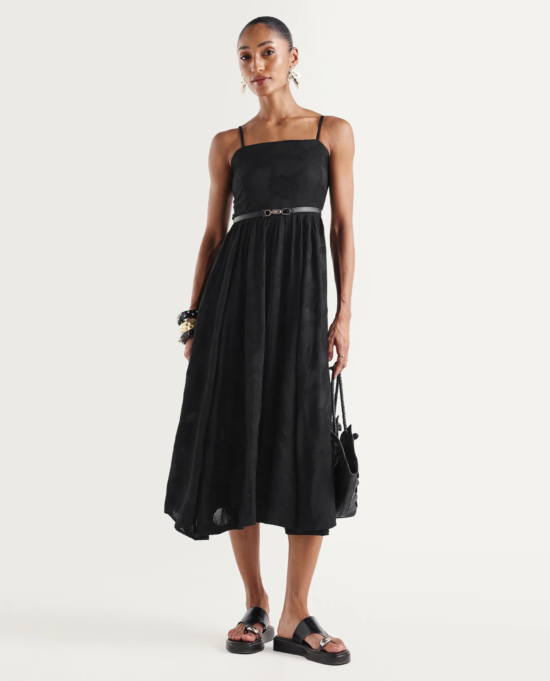 Rareism Women's Dosthu Black Viscose Blend Tube Elastic Fit And Flare Jacquard Print Dress