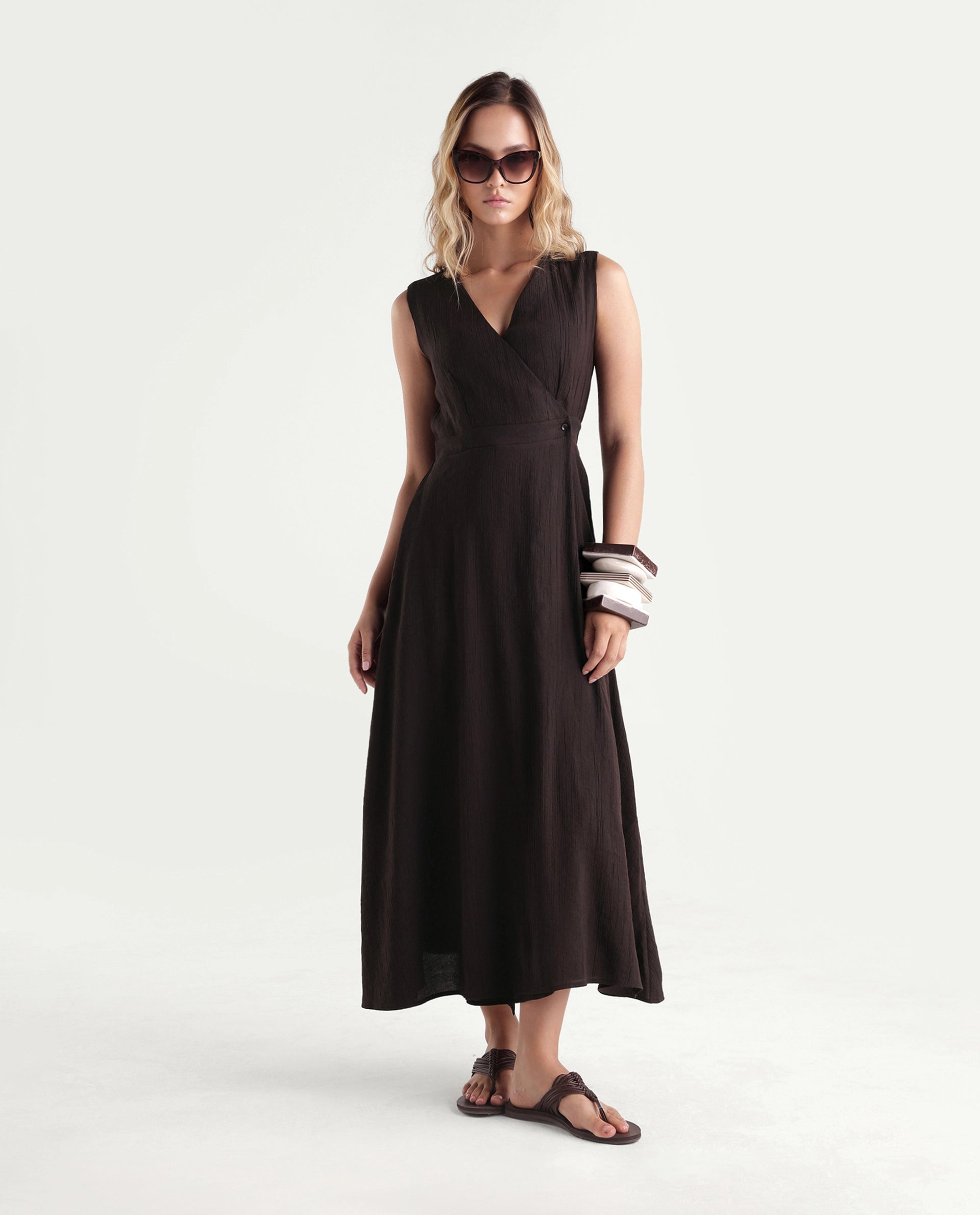 Rareism Women's Dusic Brown Viscose Blend Over Lap Button Fit And Flare Plain Dress