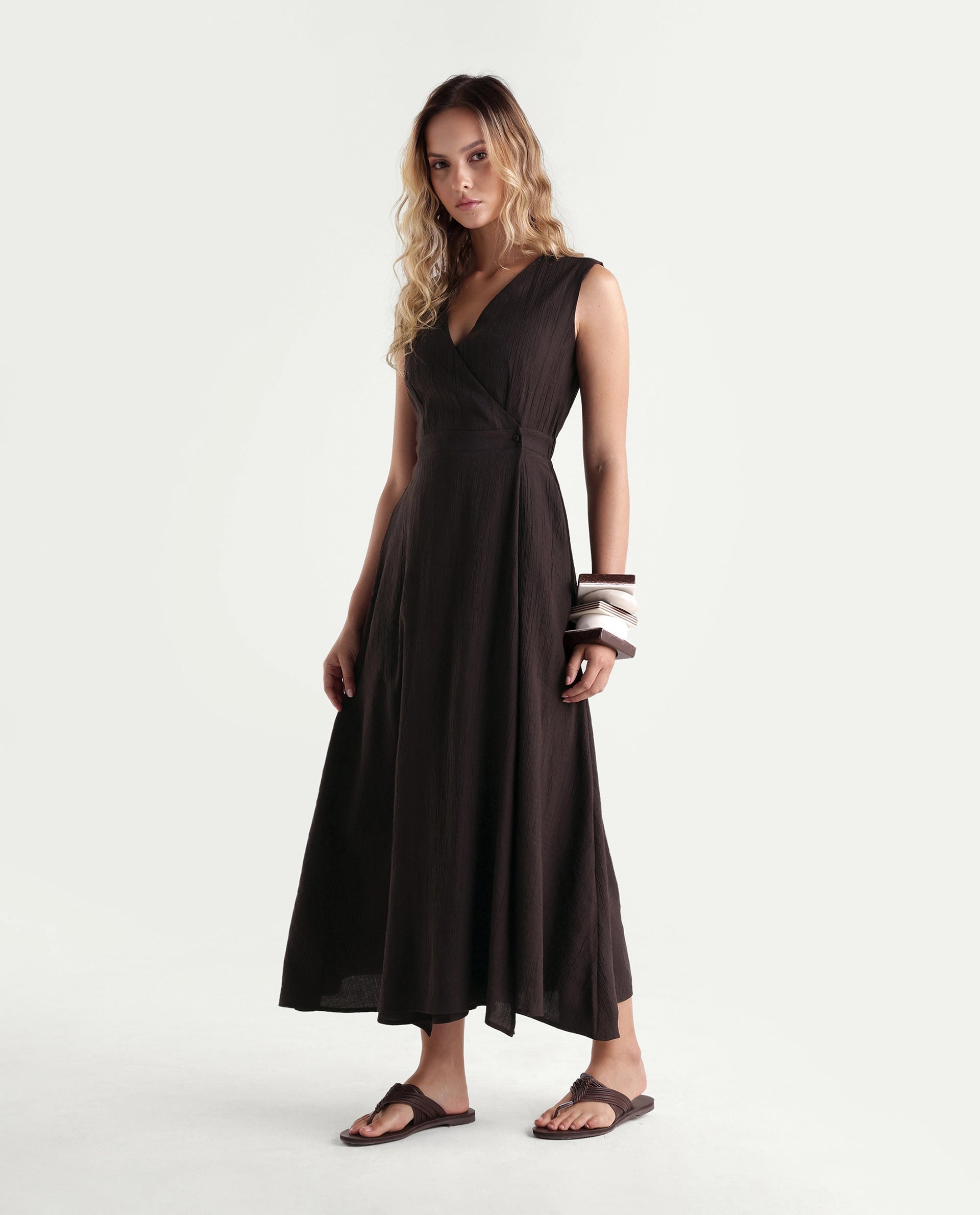 Rareism Women's Dusic Brown Viscose Blend Over Lap Button Fit And Flare Plain Dress