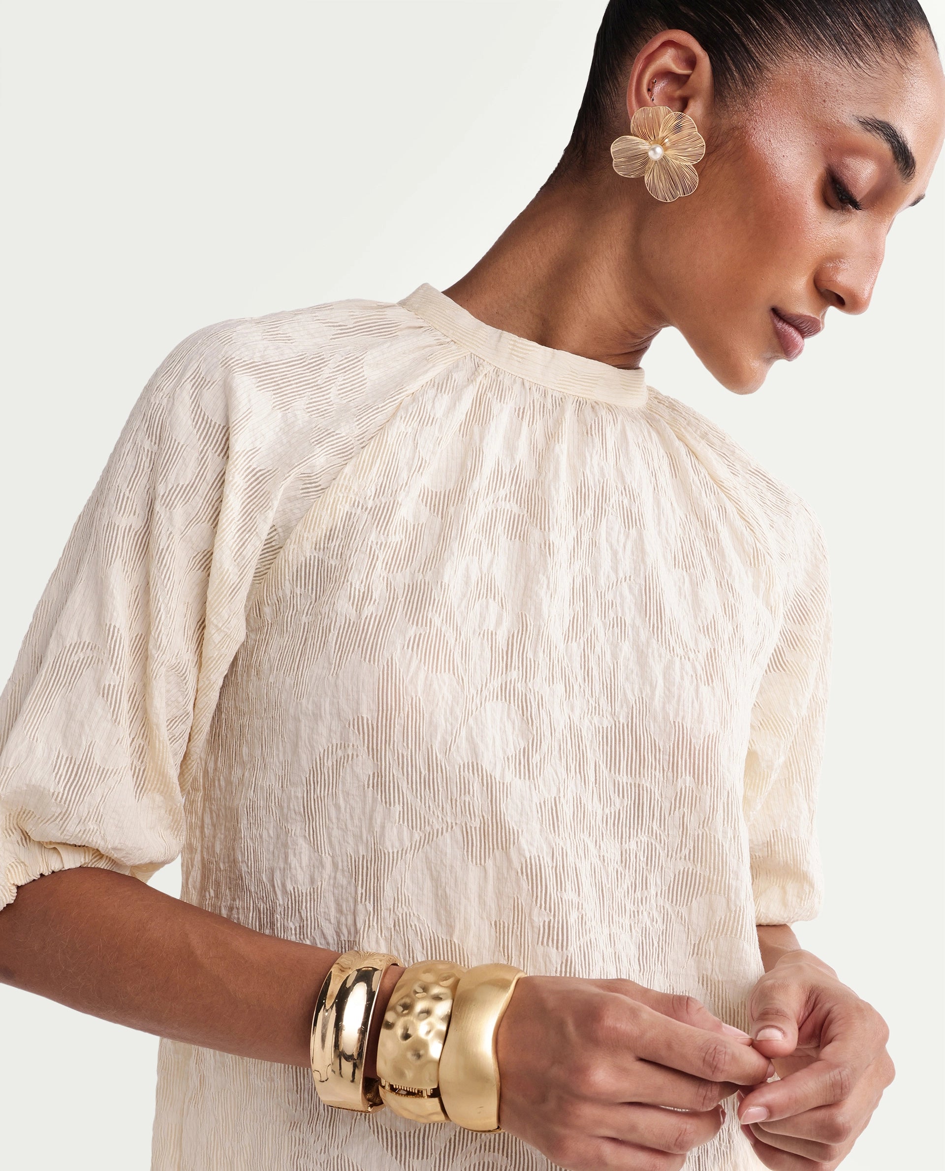 Rareism Women's Hanto-T Off White Cotton Band Collar Regular Plain Top