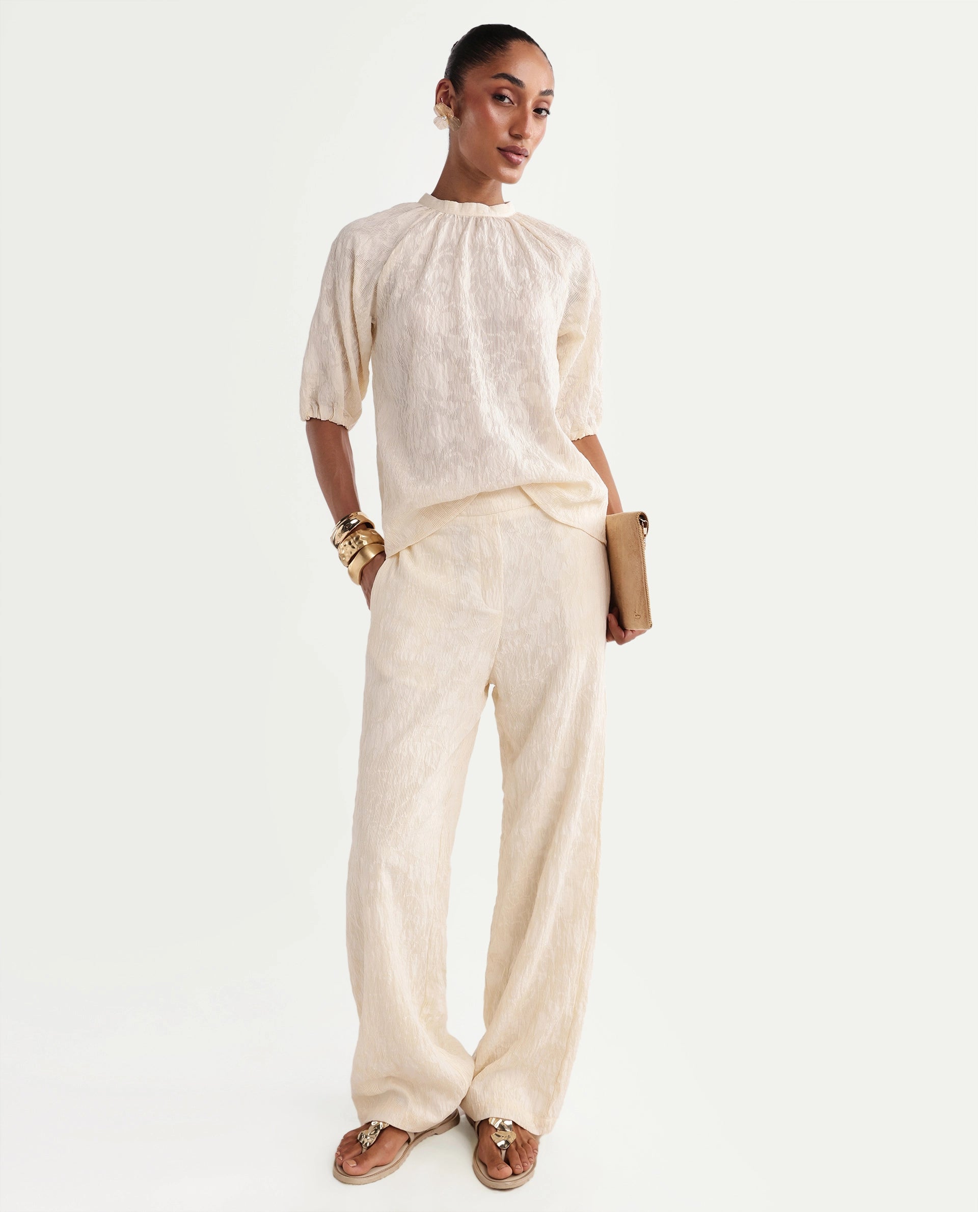 Rareism Women's Hanto-T Off White Cotton Band Collar Regular Plain Top