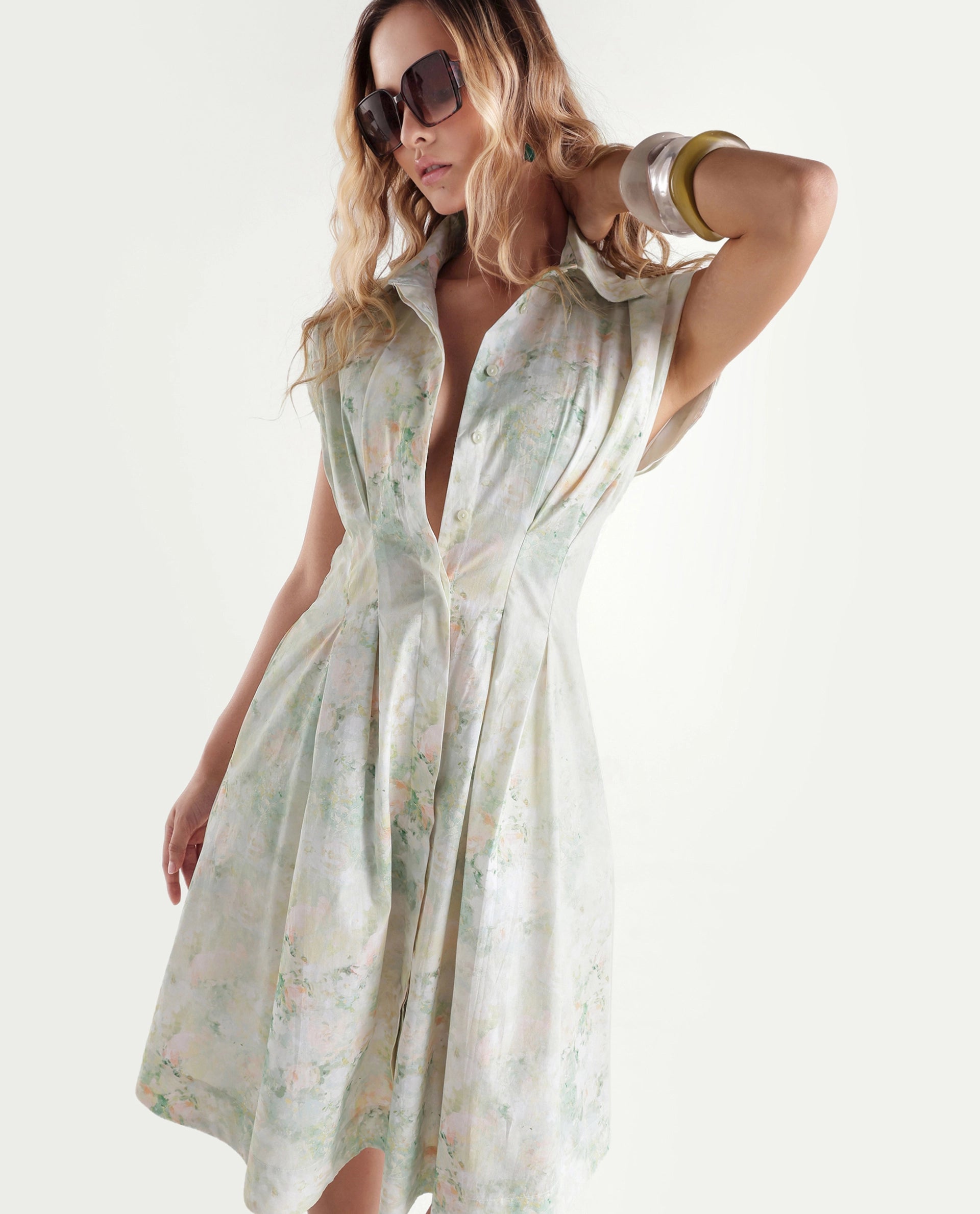 Rareism Women's Hiano Light Green Cotton Fabric Spread Collar Fit And Flare All Over Print Dress
