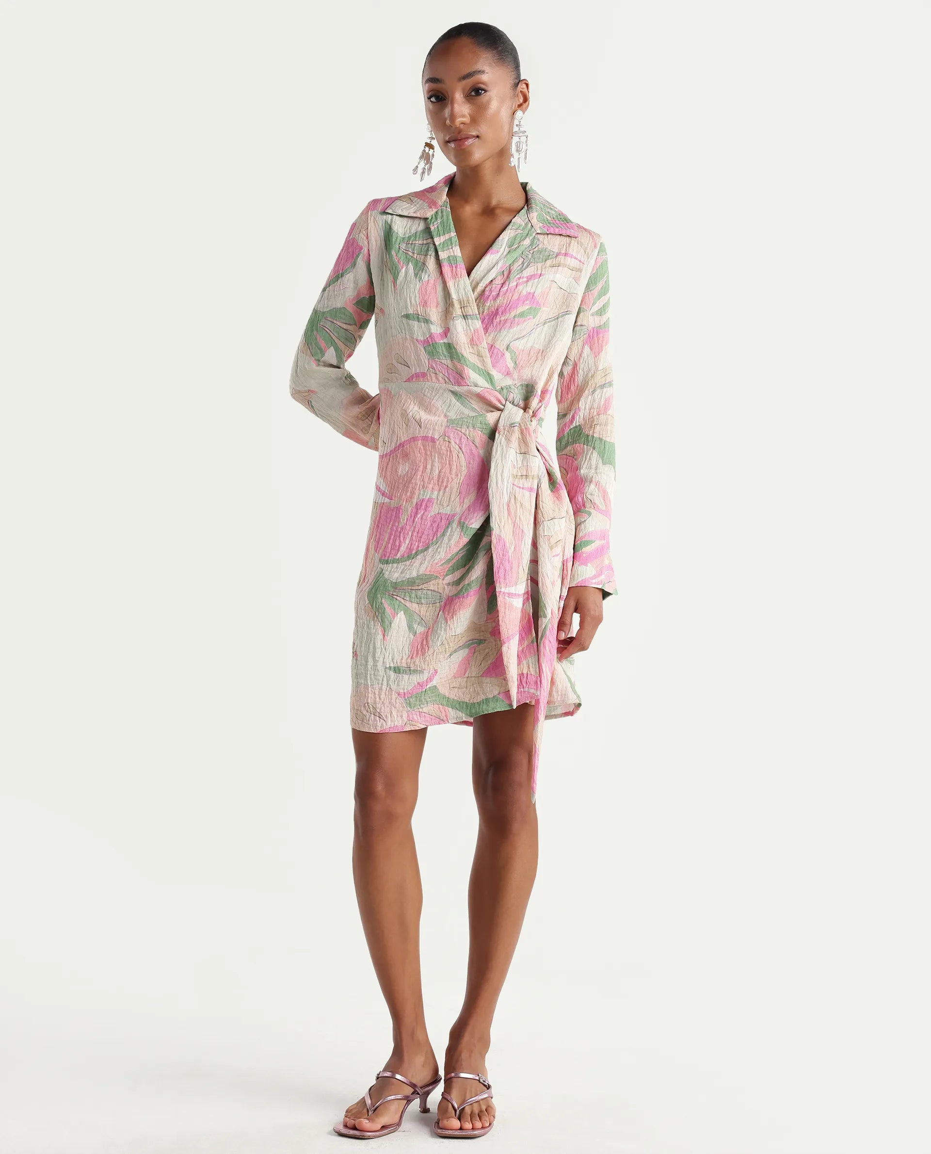 Rareism Women's Hiro Multi Viscose Blend Johnny Collar Wrap Abstract Print Dress
