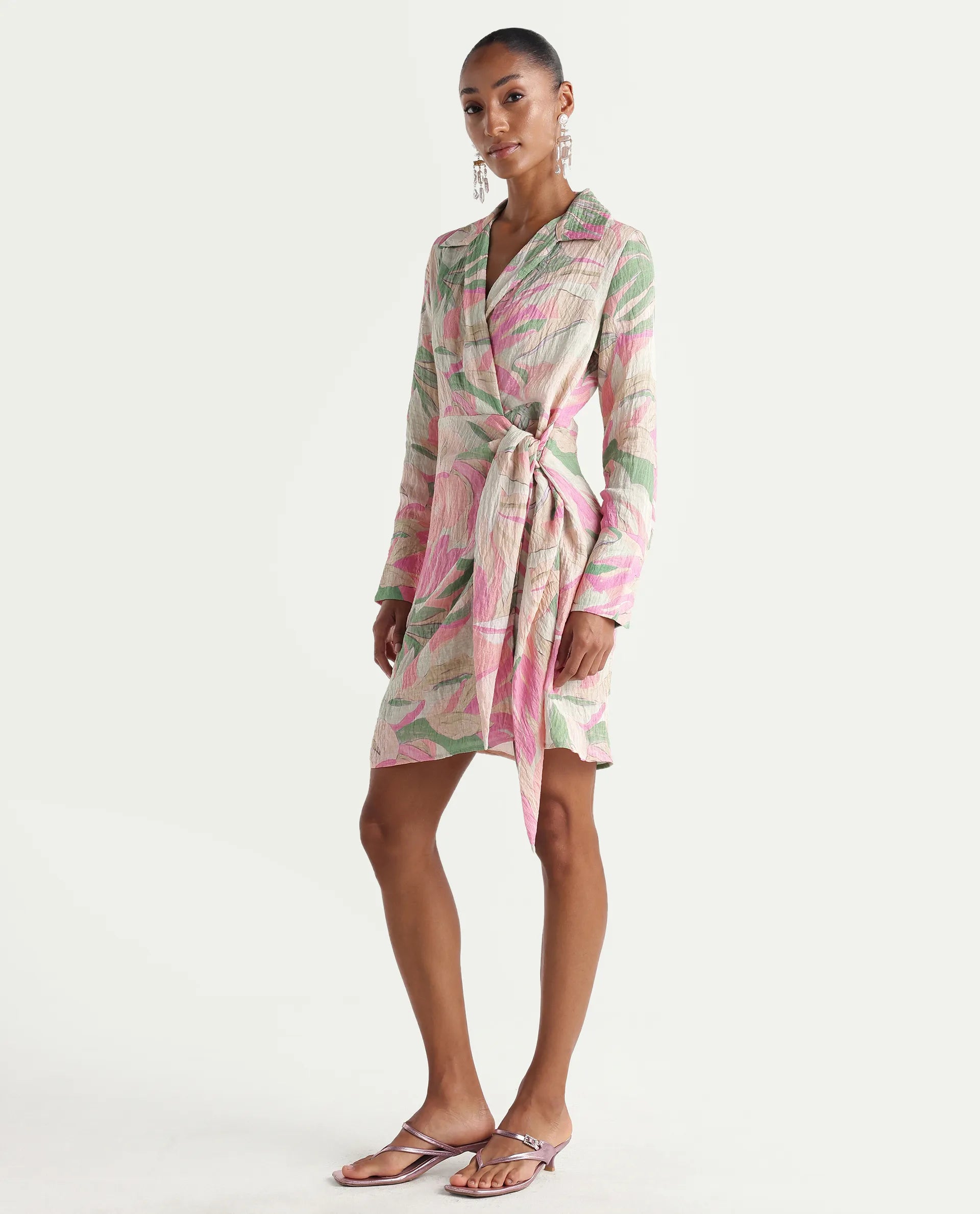 Rareism Women's Hiro Multi Viscose Blend Johnny Collar Wrap Abstract Print Dress