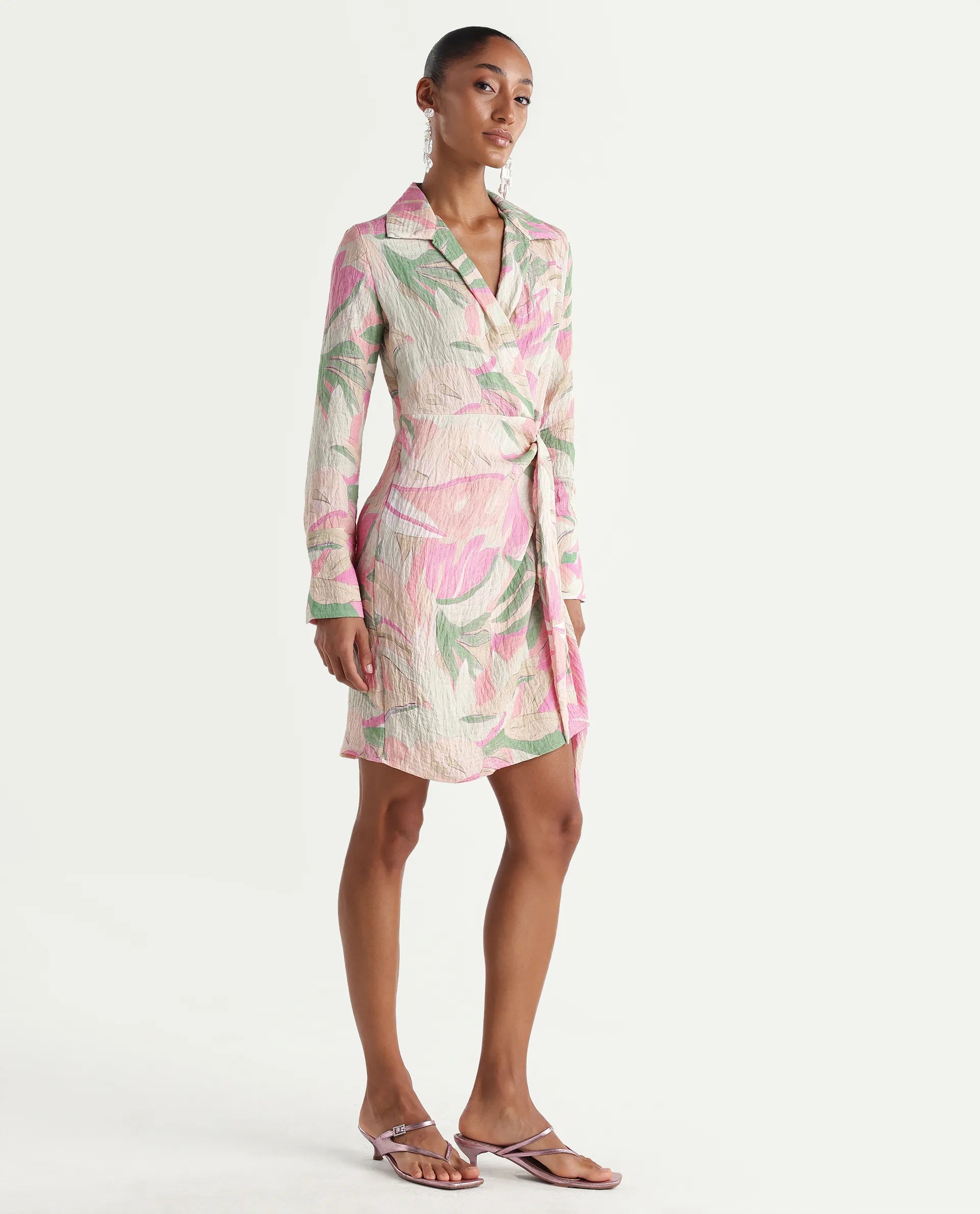 Rareism Women's Hiro Multi Viscose Blend Johnny Collar Wrap Abstract Print Dress