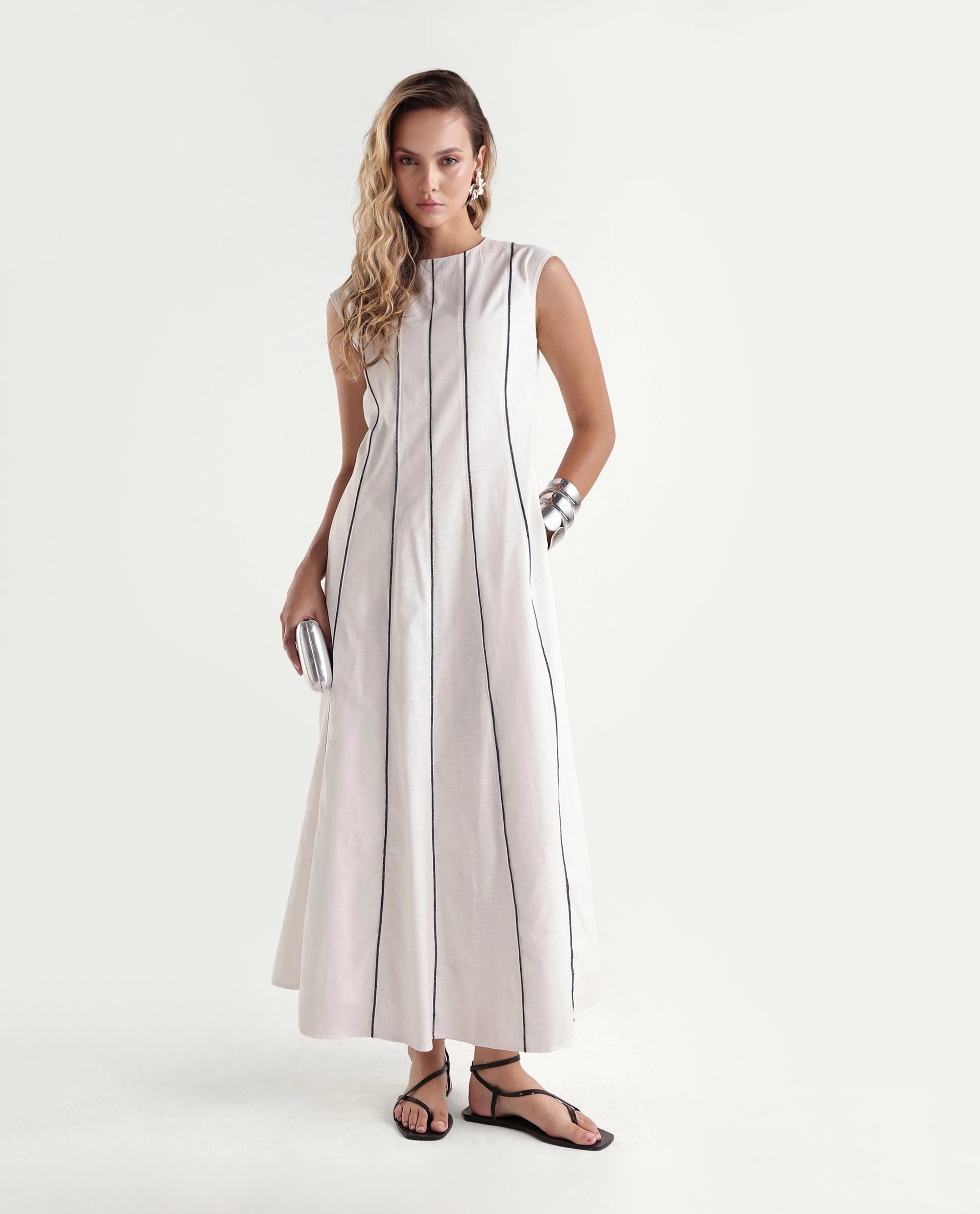Rareism Women's Kelia Beige Cotton Fabric Crew Neck Fit And Flare Striped Dress
