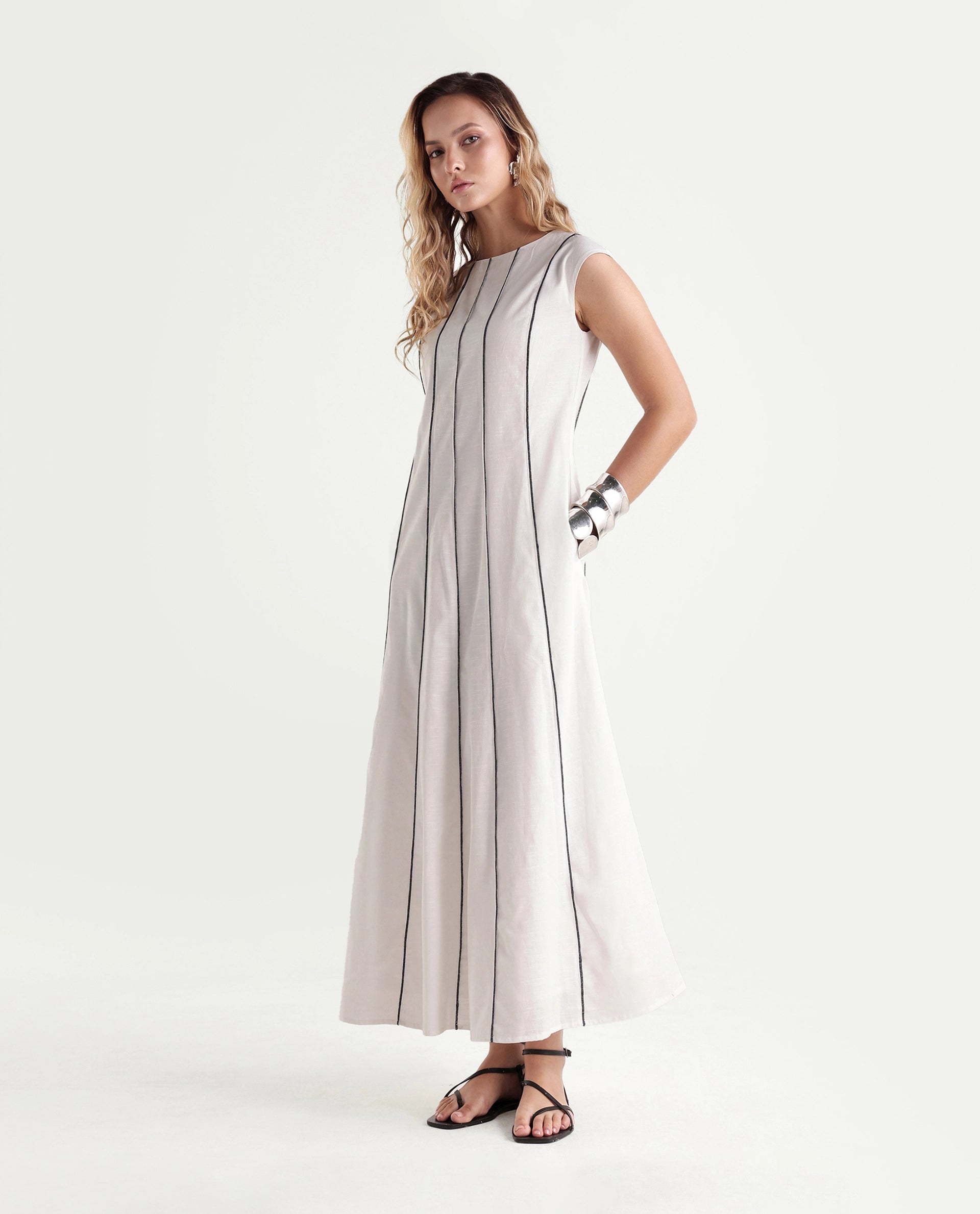 Rareism Women's Kelia Beige Cotton Fabric Crew Neck Fit And Flare Striped Dress
