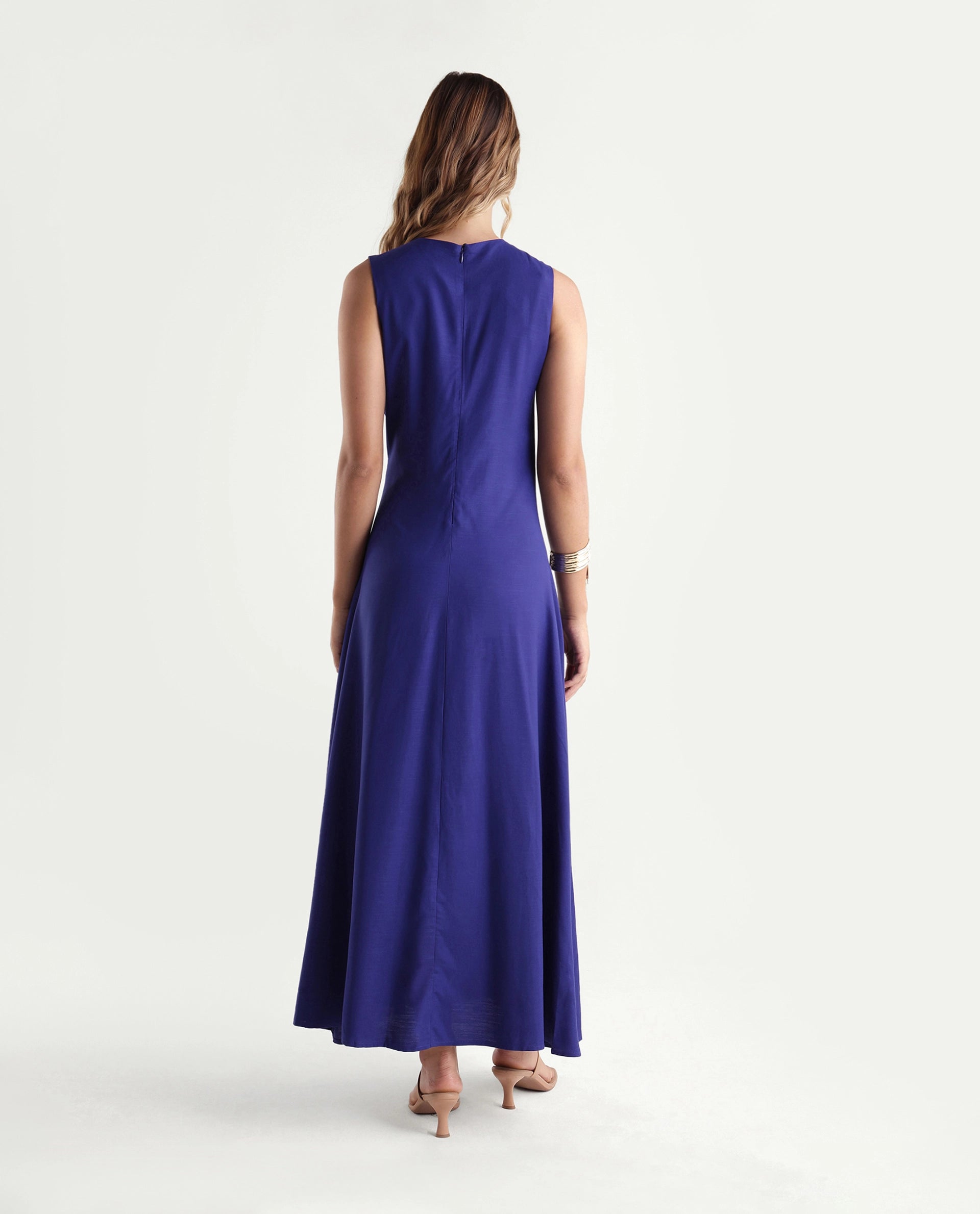 Rareism Women's Kensero Navy Viscose Fabric Crew Neck Fit And Flare Plain Dress