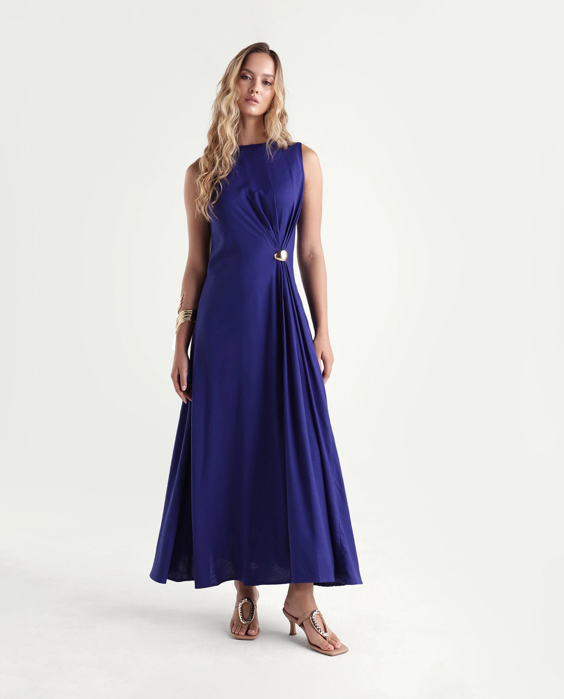 Rareism Women's Kensero Navy Viscose Fabric Crew Neck Fit And Flare Plain Dress