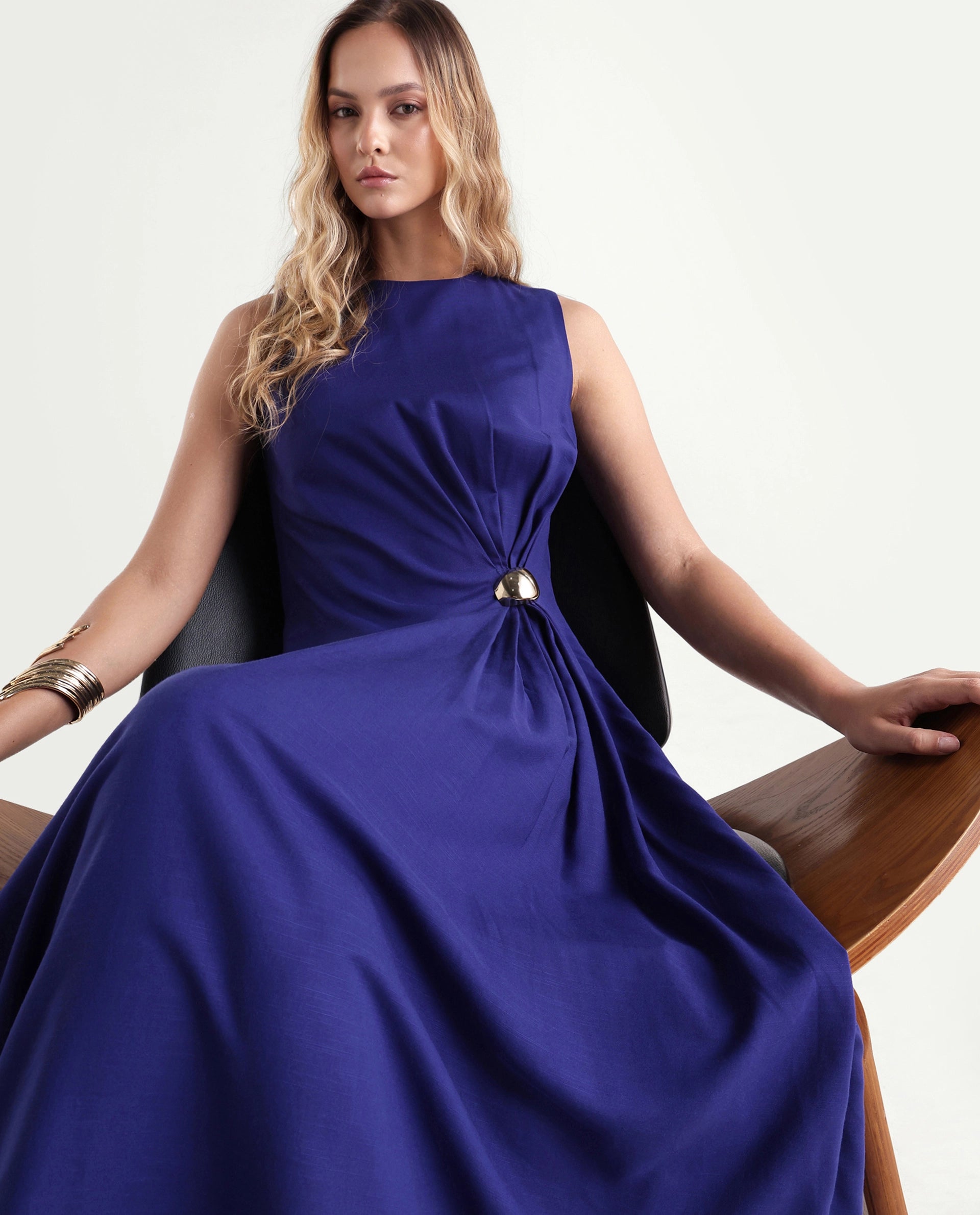 Rareism Women's Kensero Navy Viscose Fabric Crew Neck Fit And Flare Plain Dress