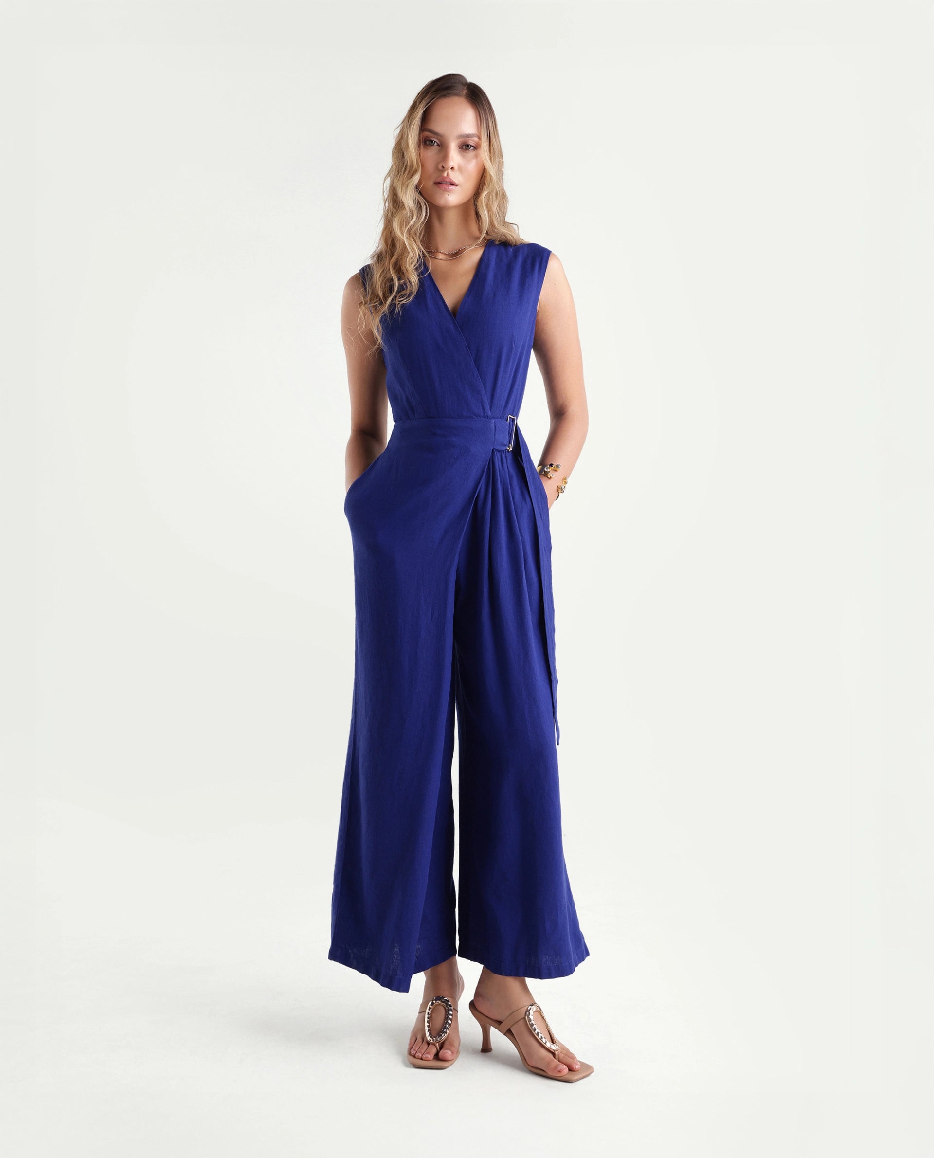 Rareism Women's Kento Navy Linen Blend Fabric Over Lap Regular Plain Jump Suit