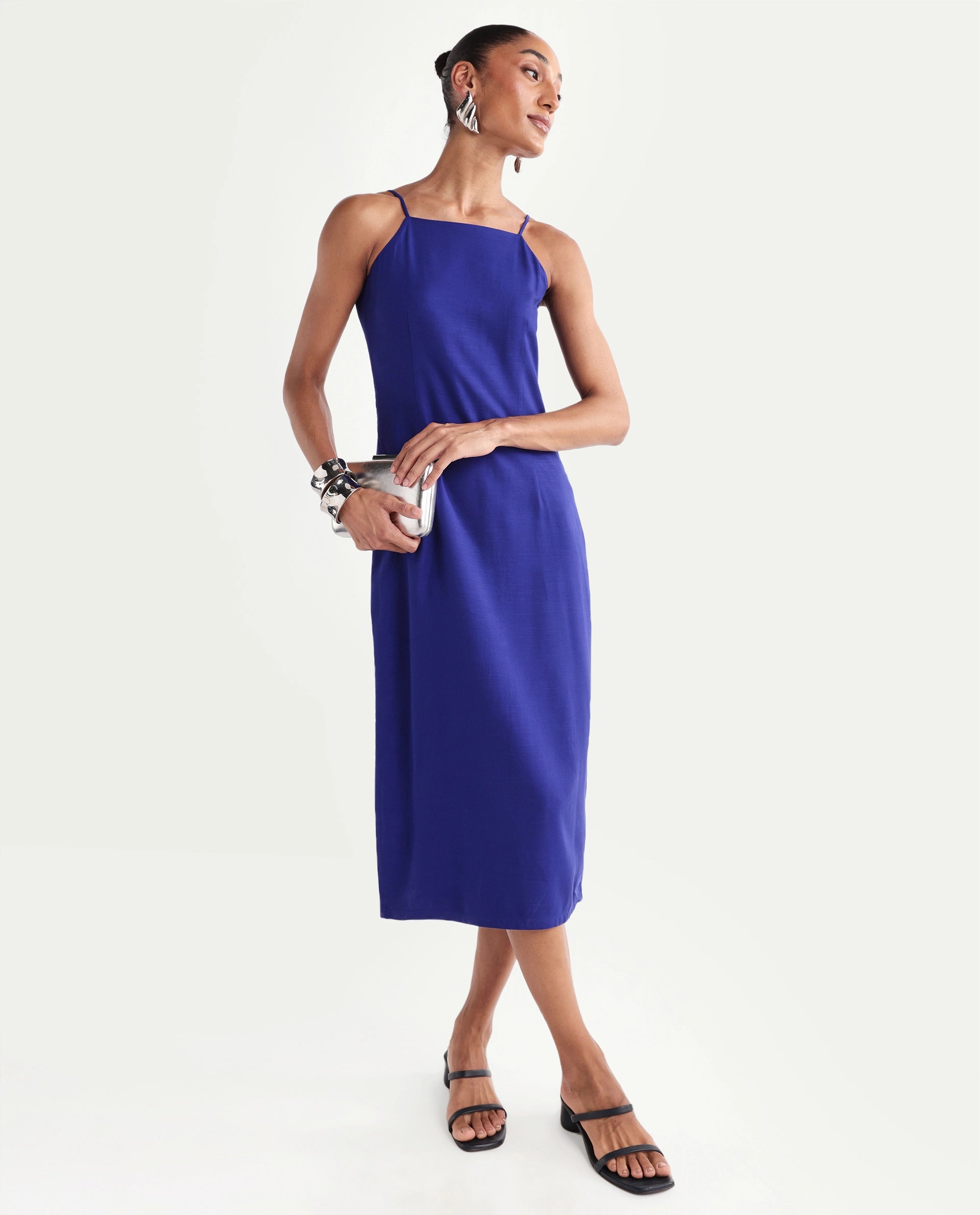 Rareism Women's Kira Navy Viscose Square Neck Fitted Plain Dress