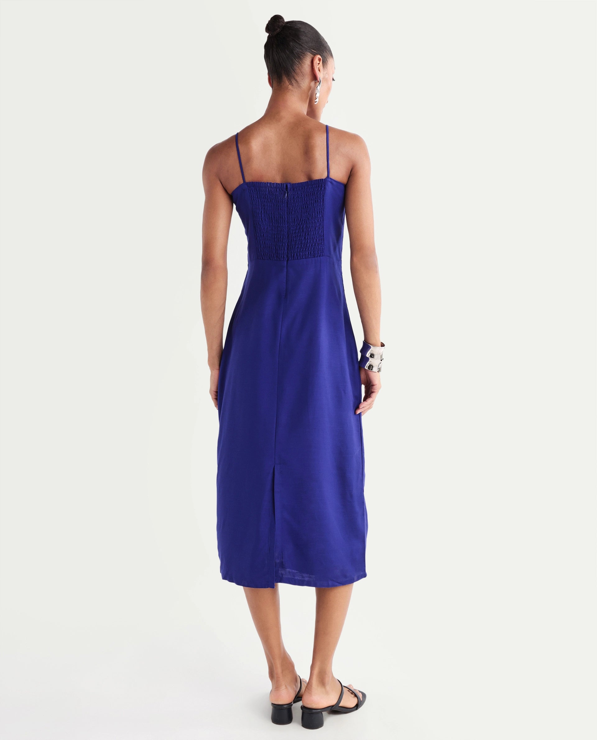 Rareism Women's Kira Navy Viscose Square Neck Fitted Plain Dress