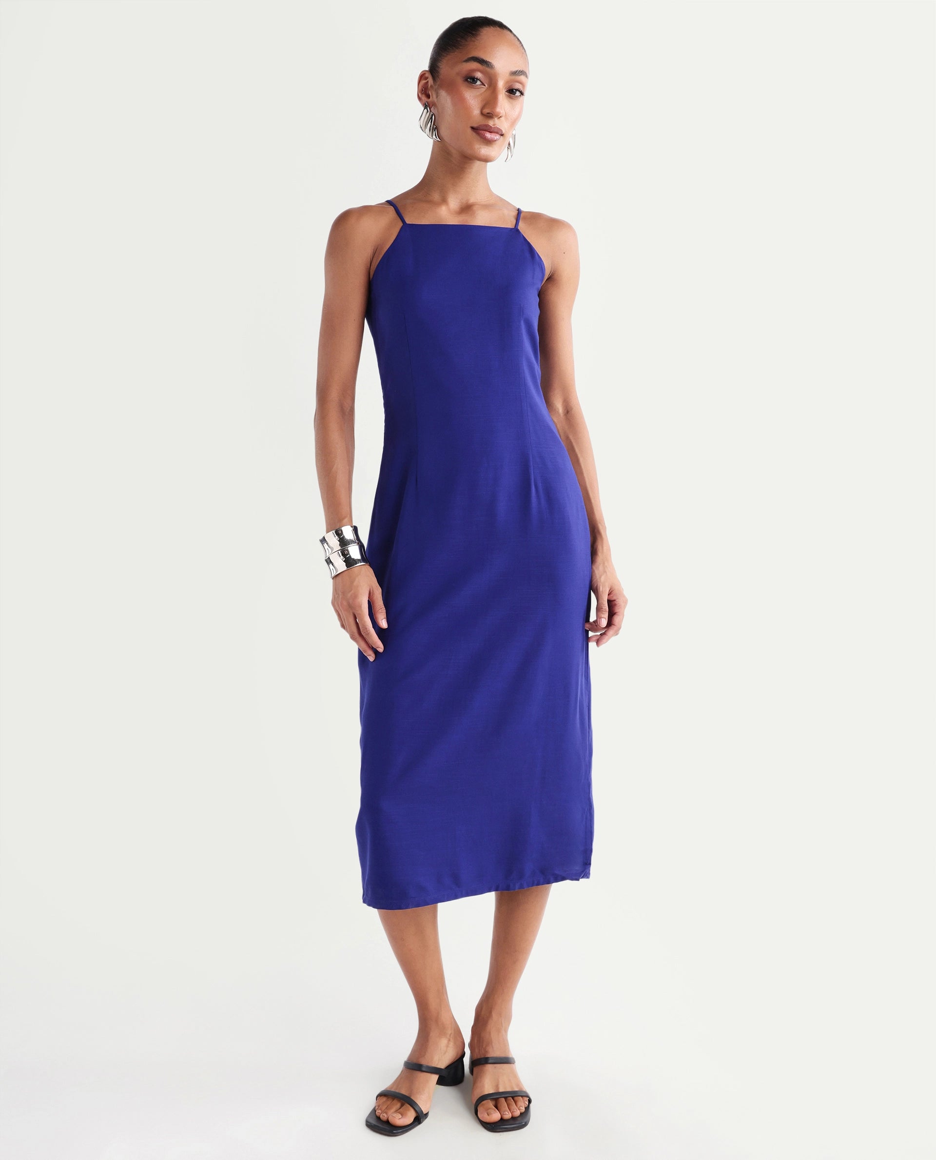 Rareism Women's Kira Navy Viscose Square Neck Fitted Plain Dress