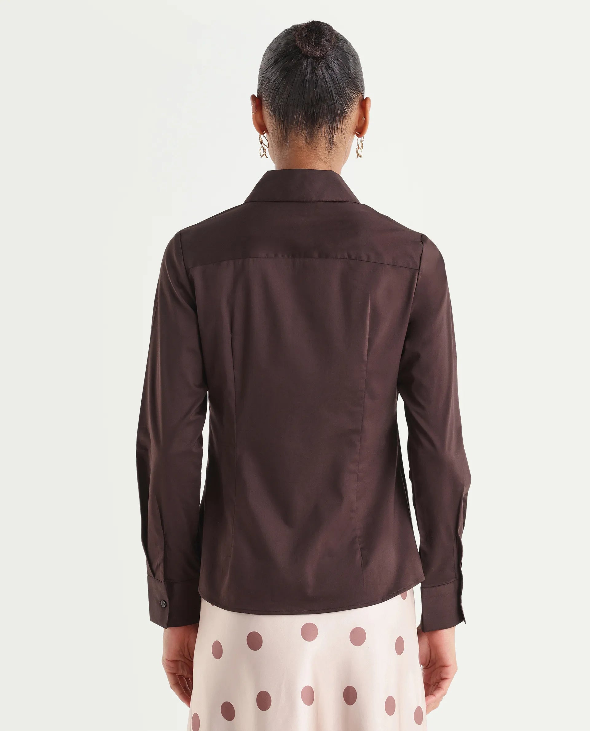 Rareism Women's Maven Brown Cotton Blend Spread Collar Fitted Plain Shirt