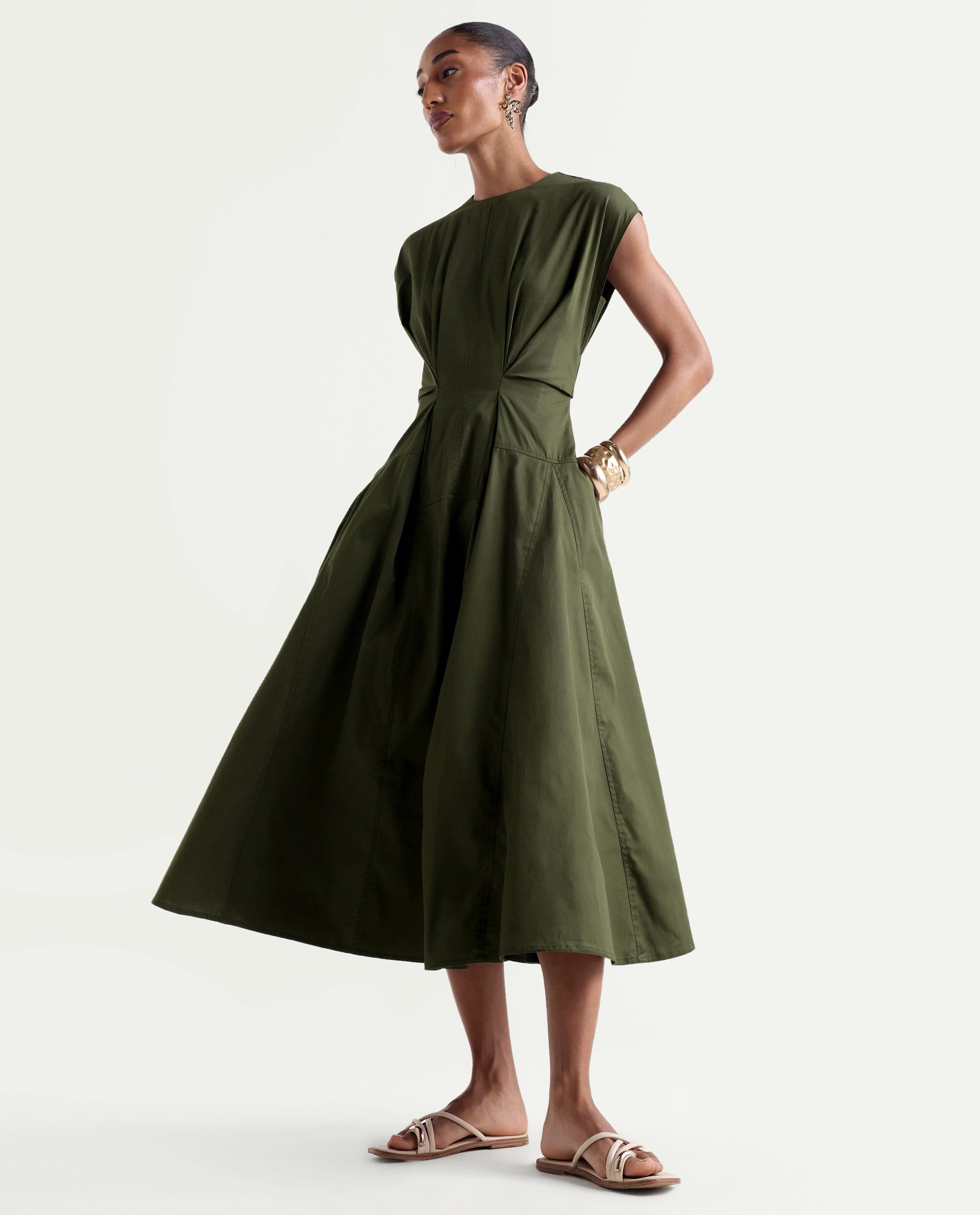 Rareism Women's Onky Olive Cotton Crew Neck Button Relaxed Plain Dress