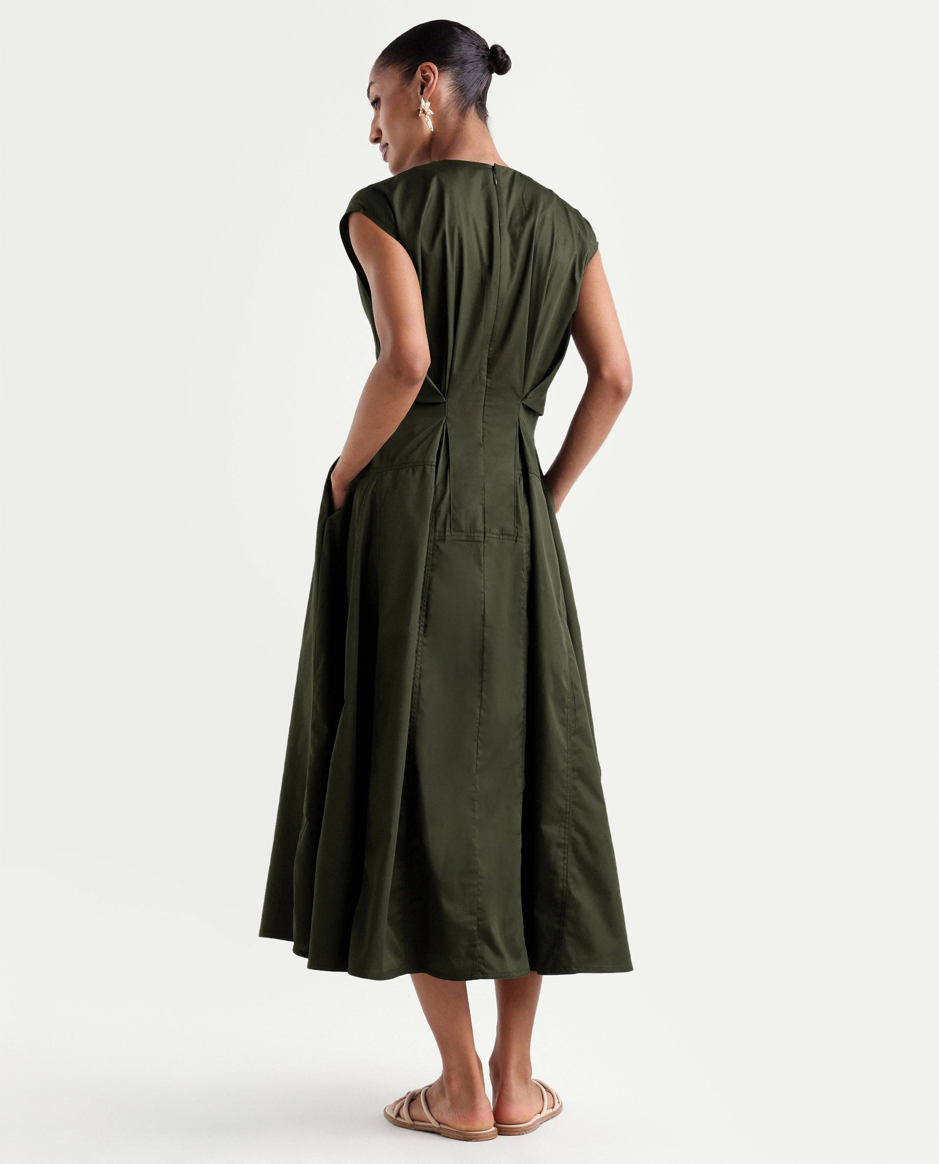 Rareism Women's Onky Olive Cotton Crew Neck Button Relaxed Plain Dress