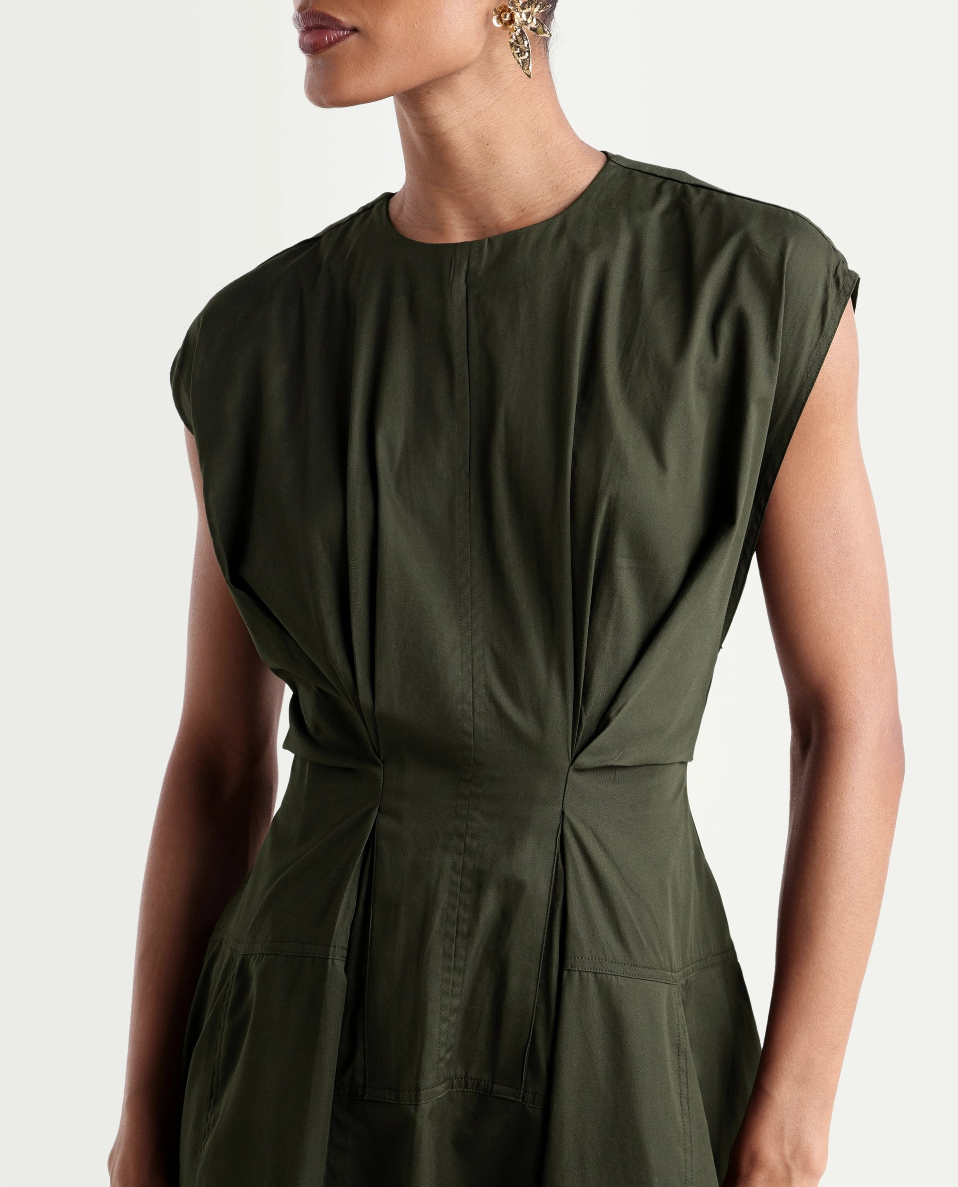 Rareism Women's Onky Olive Cotton Crew Neck Button Relaxed Plain Dress