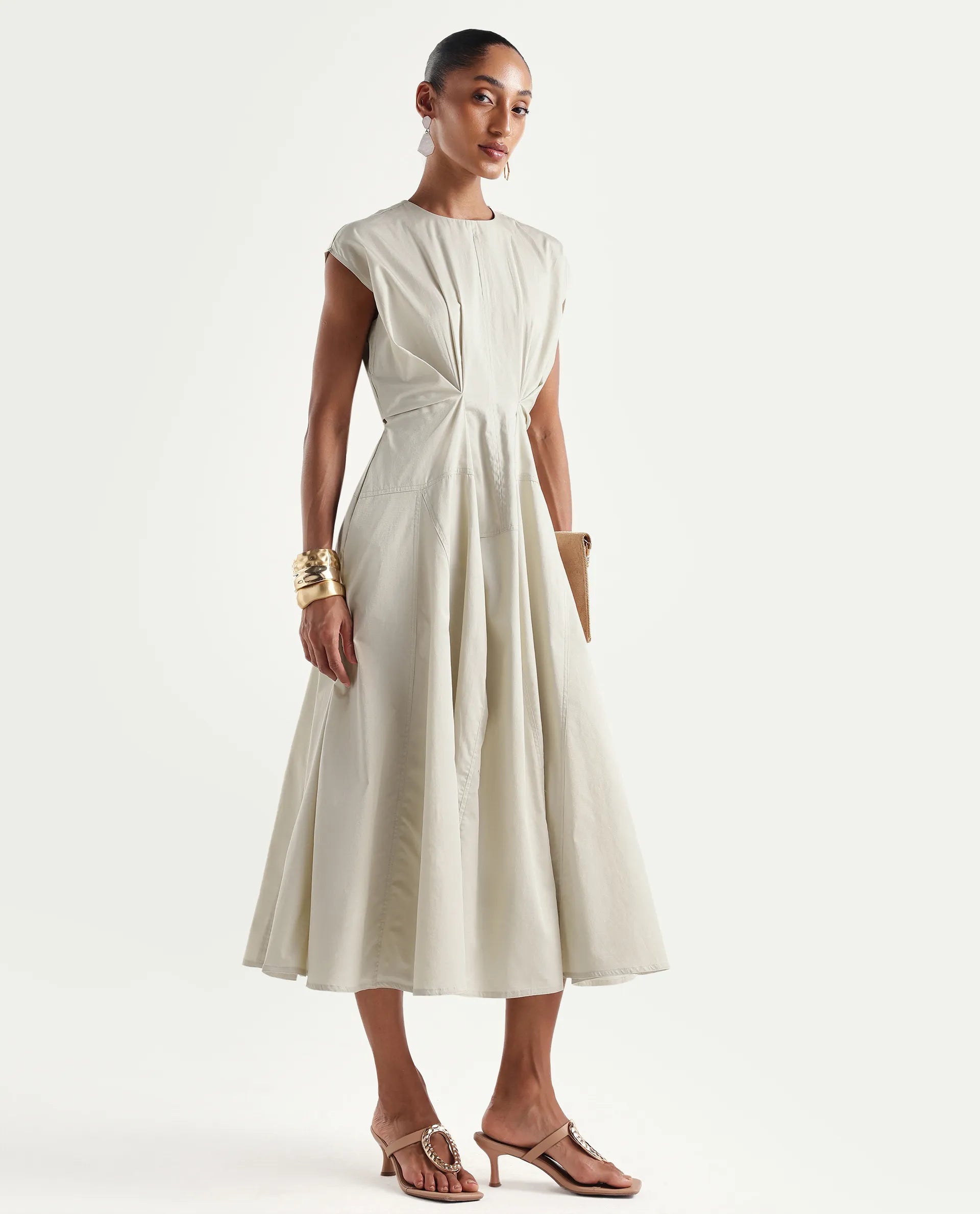 Rareism Women's Onky Beige Cotton Crew Neck Button Relaxed Plain Dress
