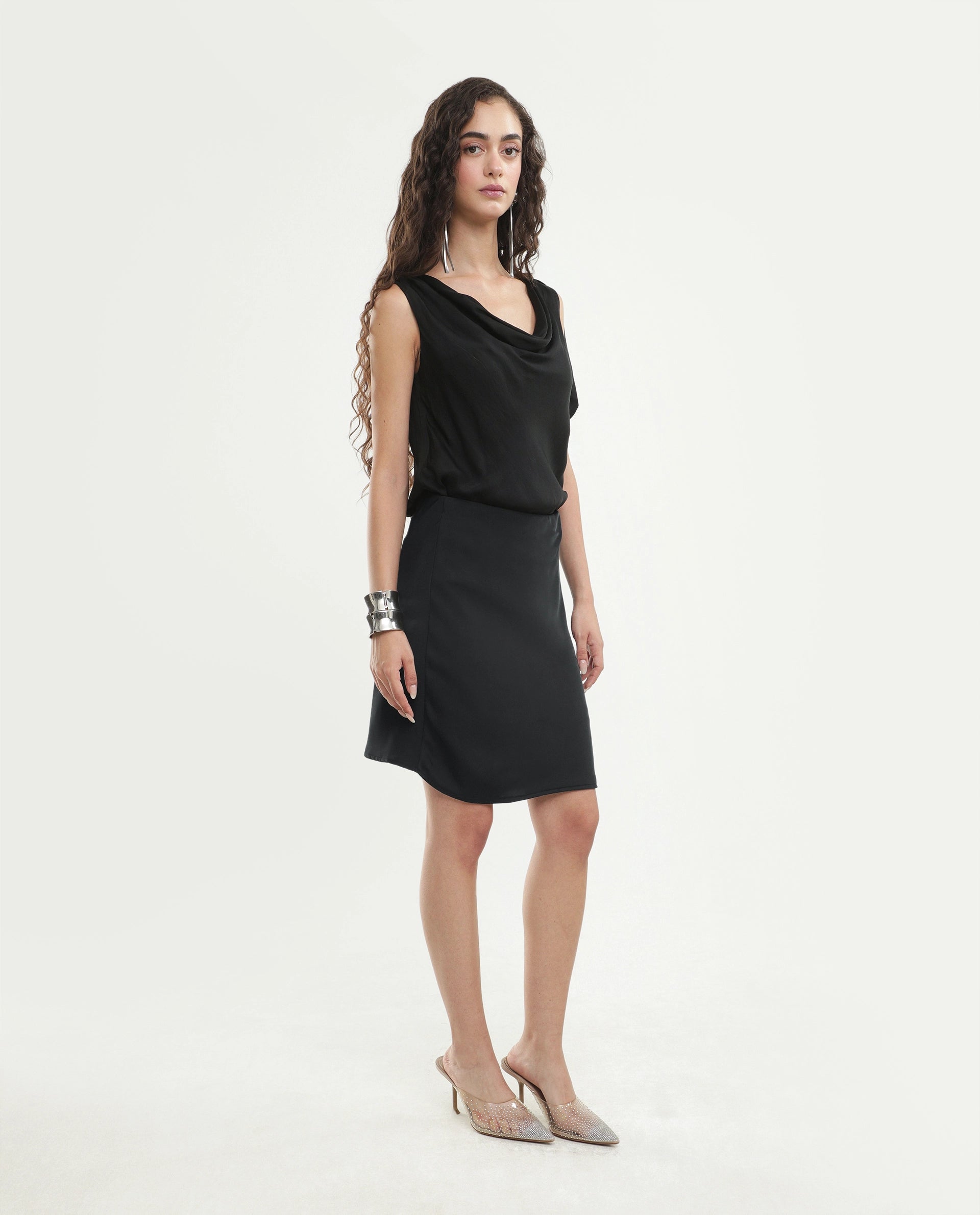 Rareism Women's Petir Black Polyester Elastic Bodycon Plain Skirt