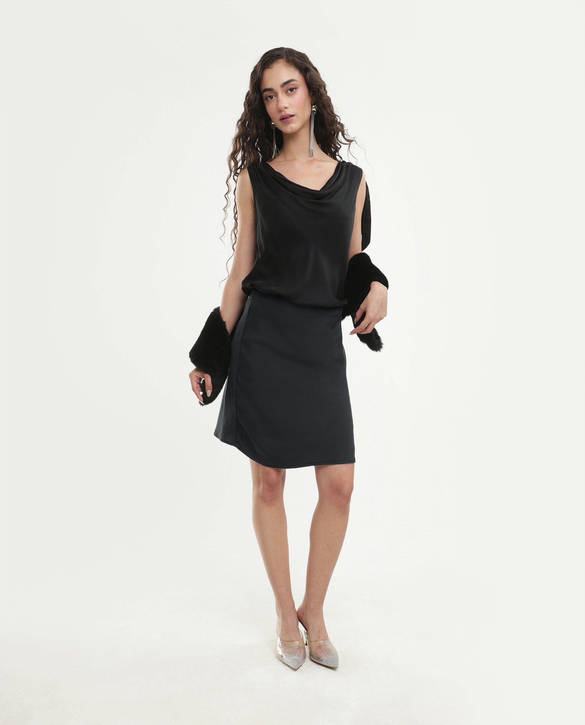 Rareism Women's Petir Black Polyester Elastic Bodycon Plain Skirt