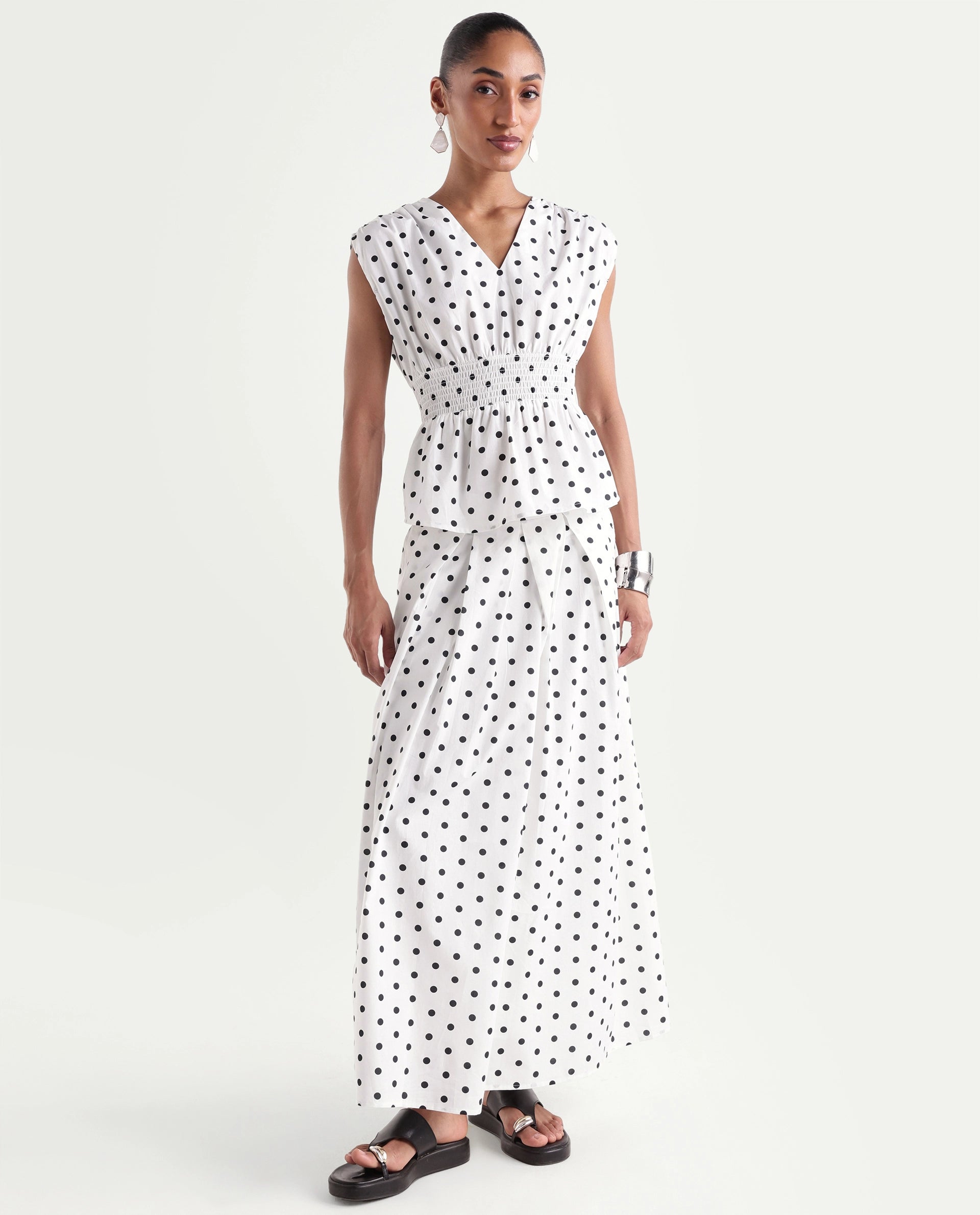 Rareism Women's Polto-B Off White Cotton Button And Zip Flared Polka Print Skirt