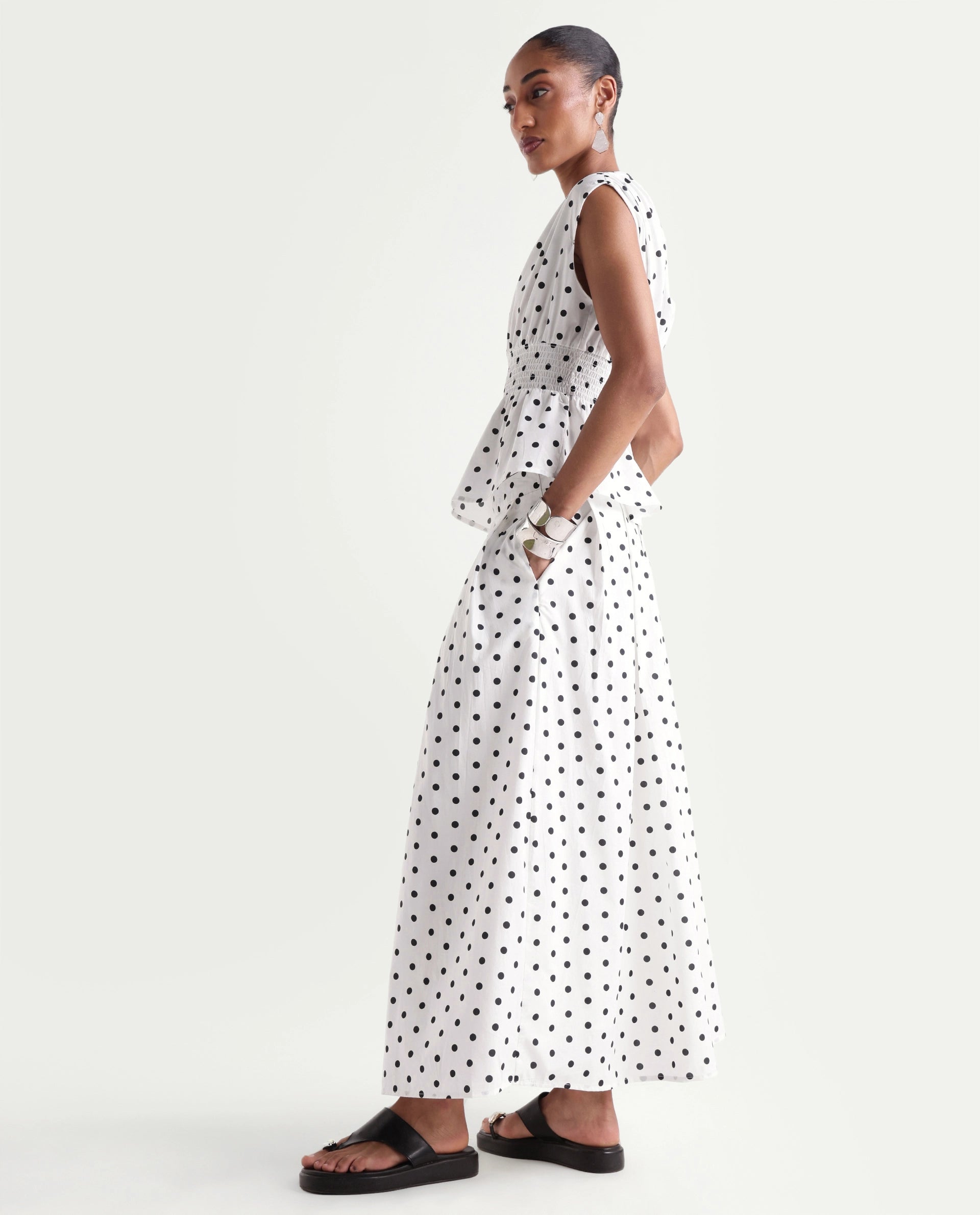 Rareism Women's Polto-B Off White Cotton Button And Zip Flared Polka Print Skirt