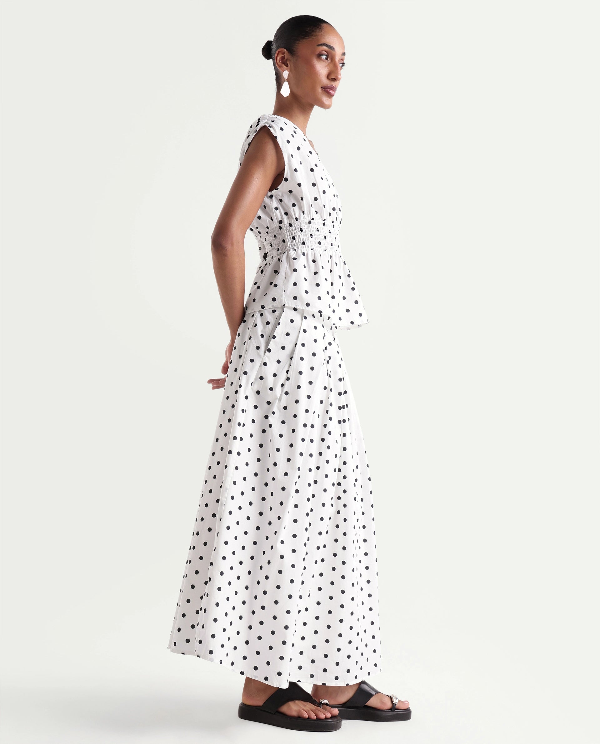 Rareism Women's Polto-B Off White Cotton Button And Zip Flared Polka Print Skirt
