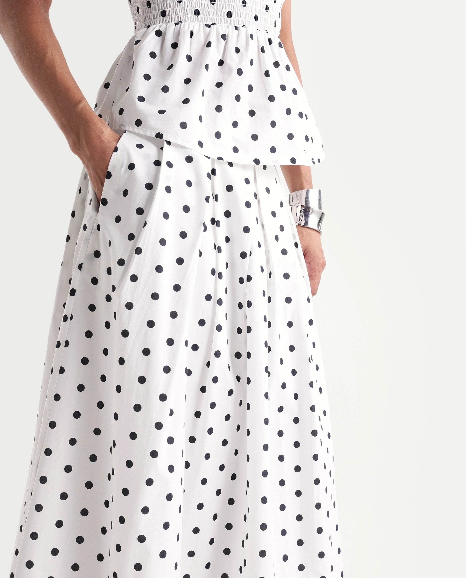 Rareism Women's Polto-B Off White Cotton Button And Zip Flared Polka Print Skirt