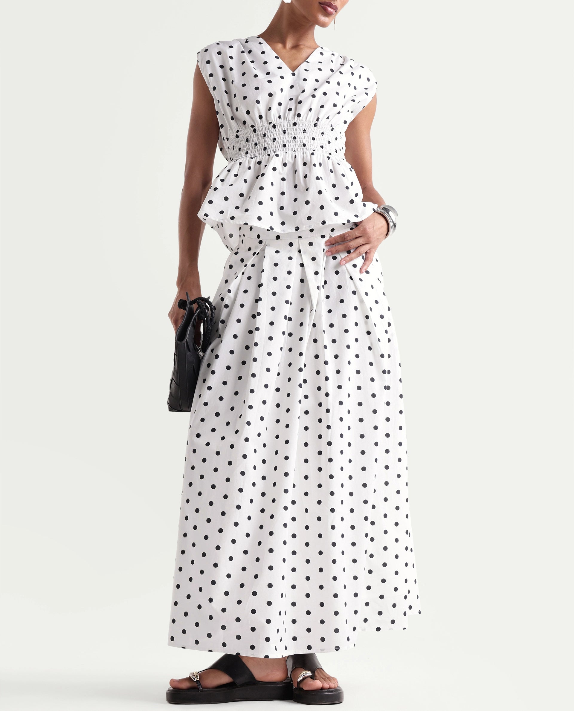 Rareism Women's Polto-B Off White Cotton Button And Zip Flared Polka Print Skirt