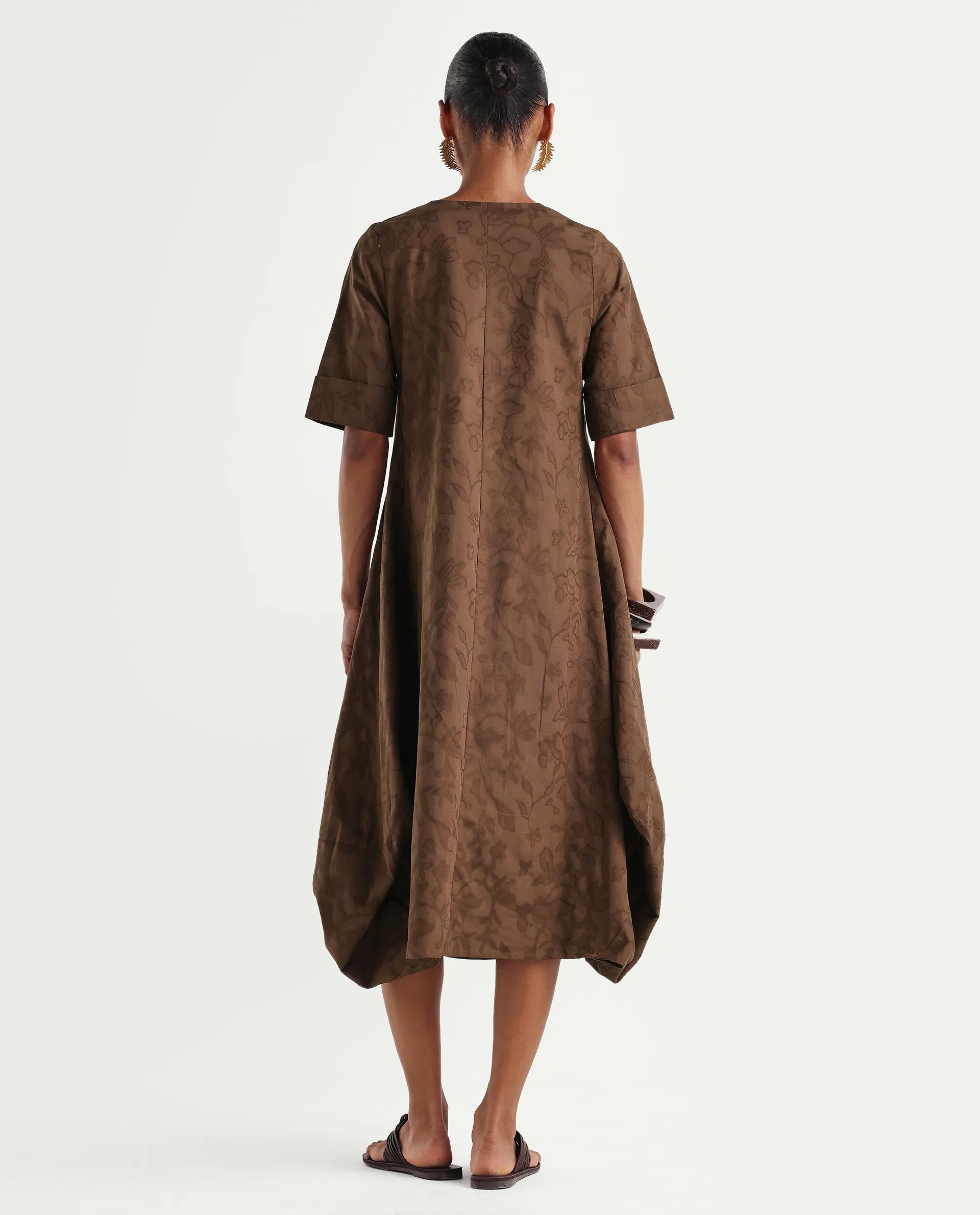 Rareism Women's Ranlin Brown Cotton Crew Neck Regular Jacquard Dress