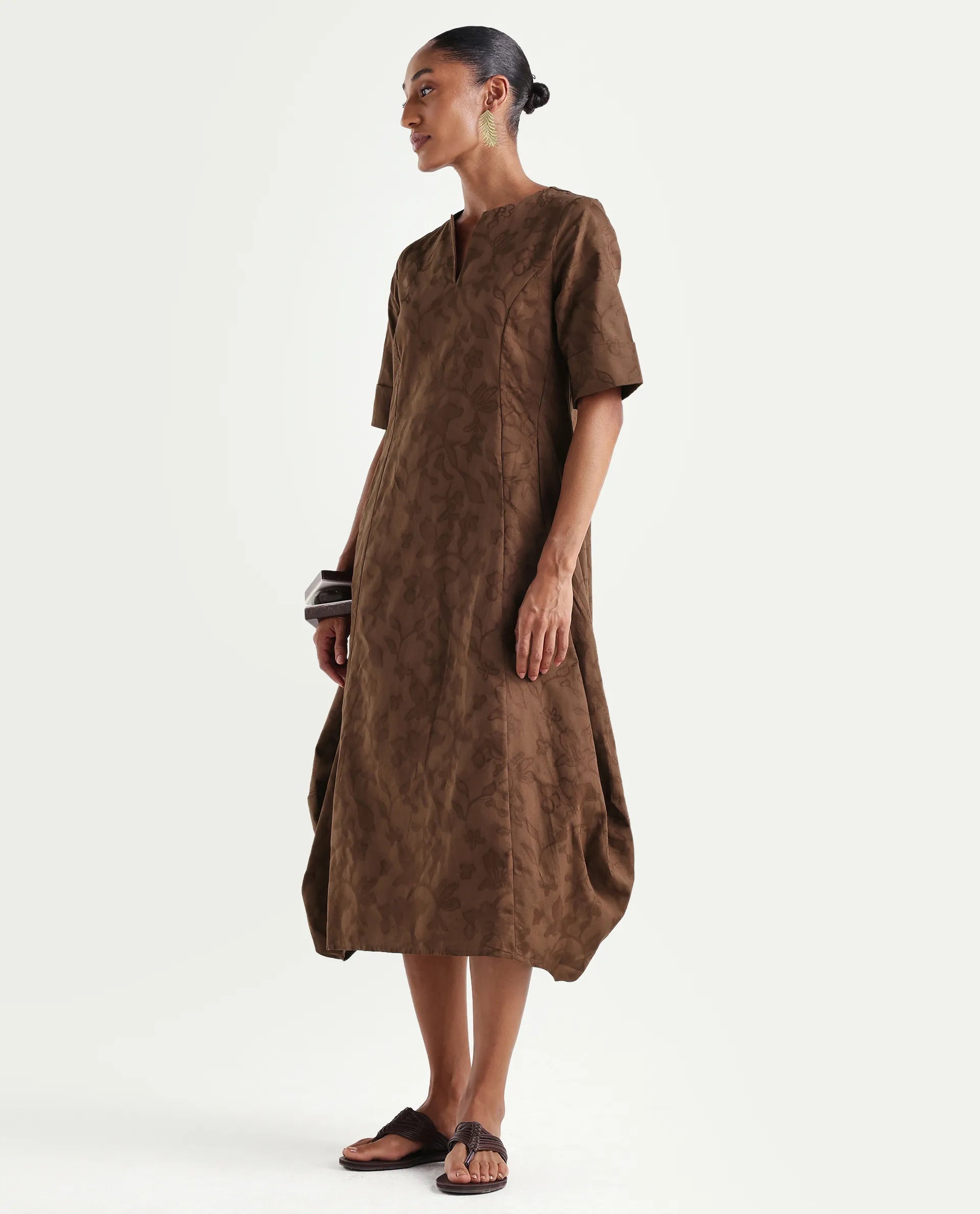 Rareism Women's Ranlin Brown Cotton Crew Neck Regular Jacquard Dress