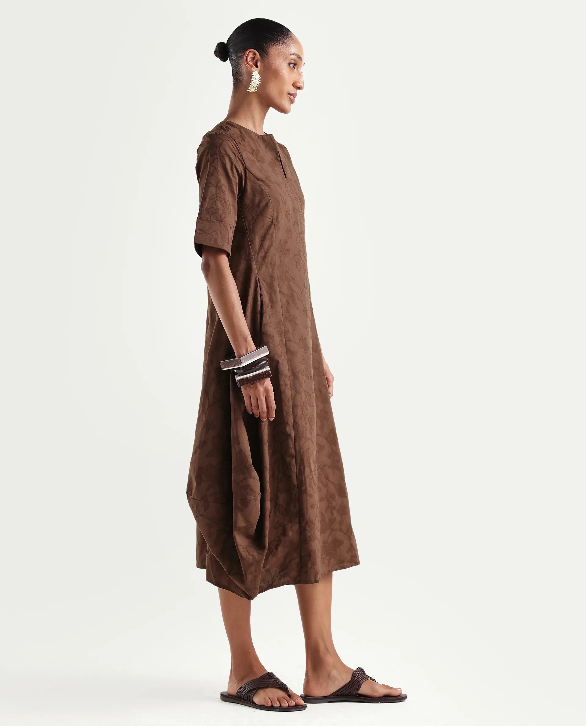 Rareism Women's Ranlin Brown Cotton Crew Neck Regular Jacquard Dress