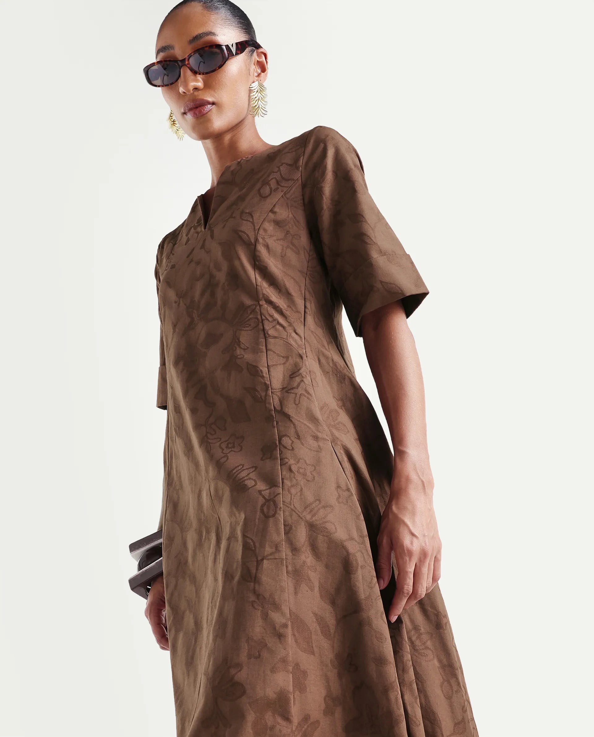 Rareism Women's Ranlin Brown Cotton Crew Neck Regular Jacquard Dress