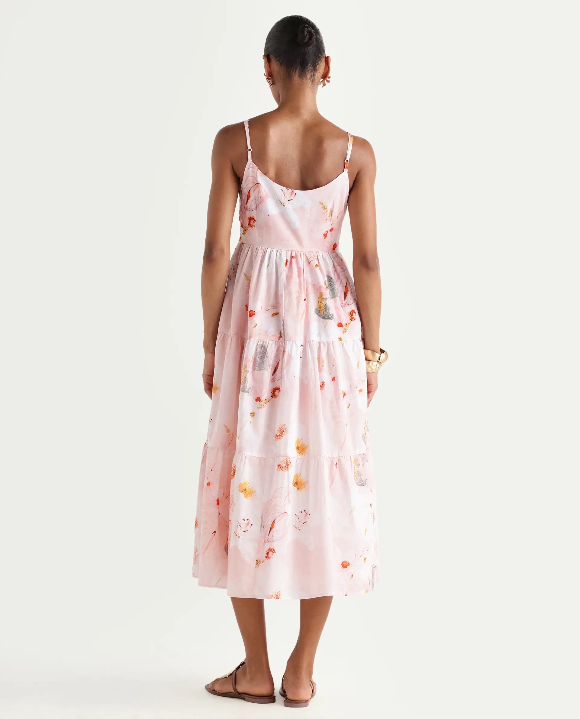 Rareism Women's Ruano Pastel Pink Cotton V-Neck Tiered Botanical Print Dress