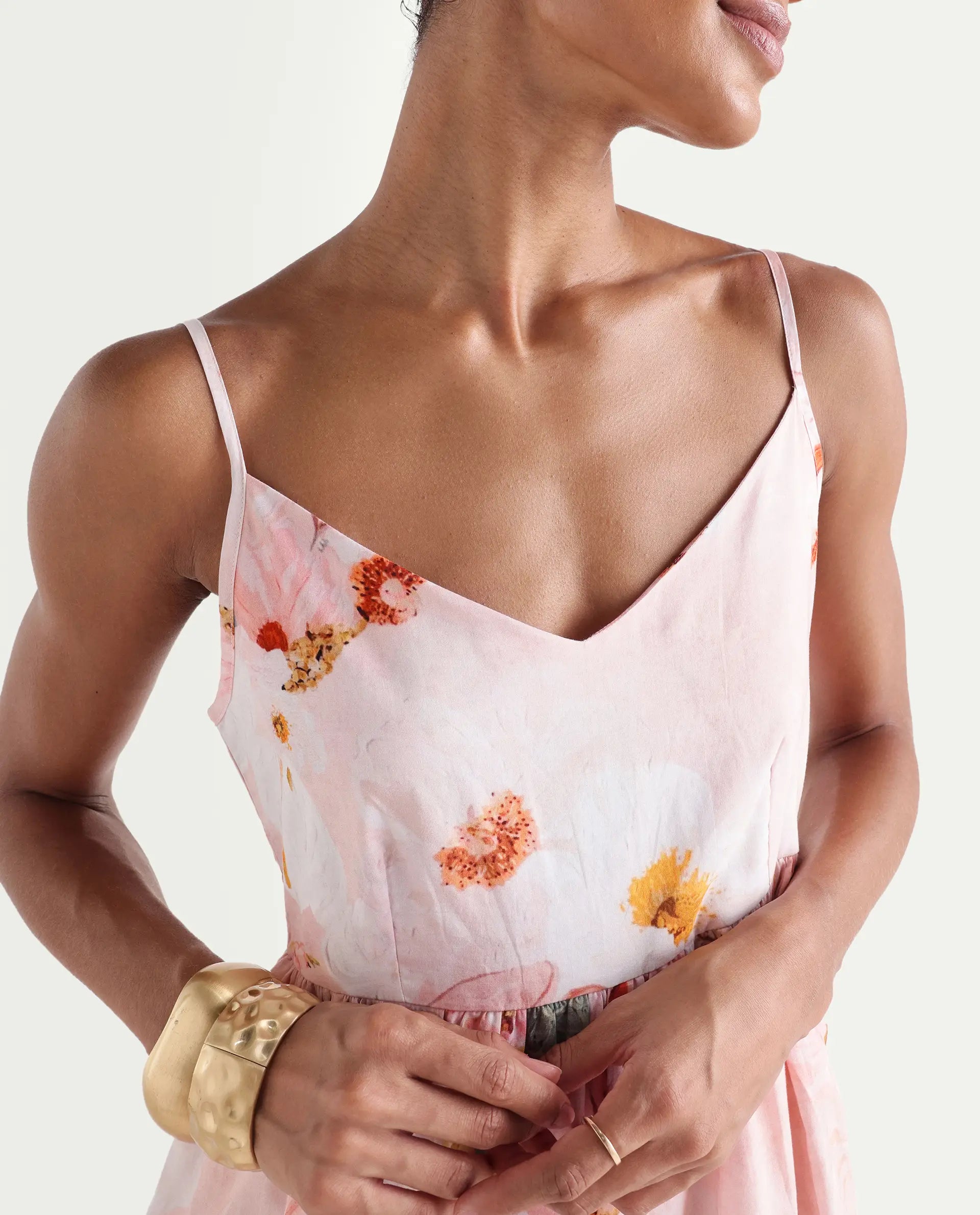 Rareism Women's Ruano Pastel Pink Cotton V-Neck Tiered Botanical Print Dress