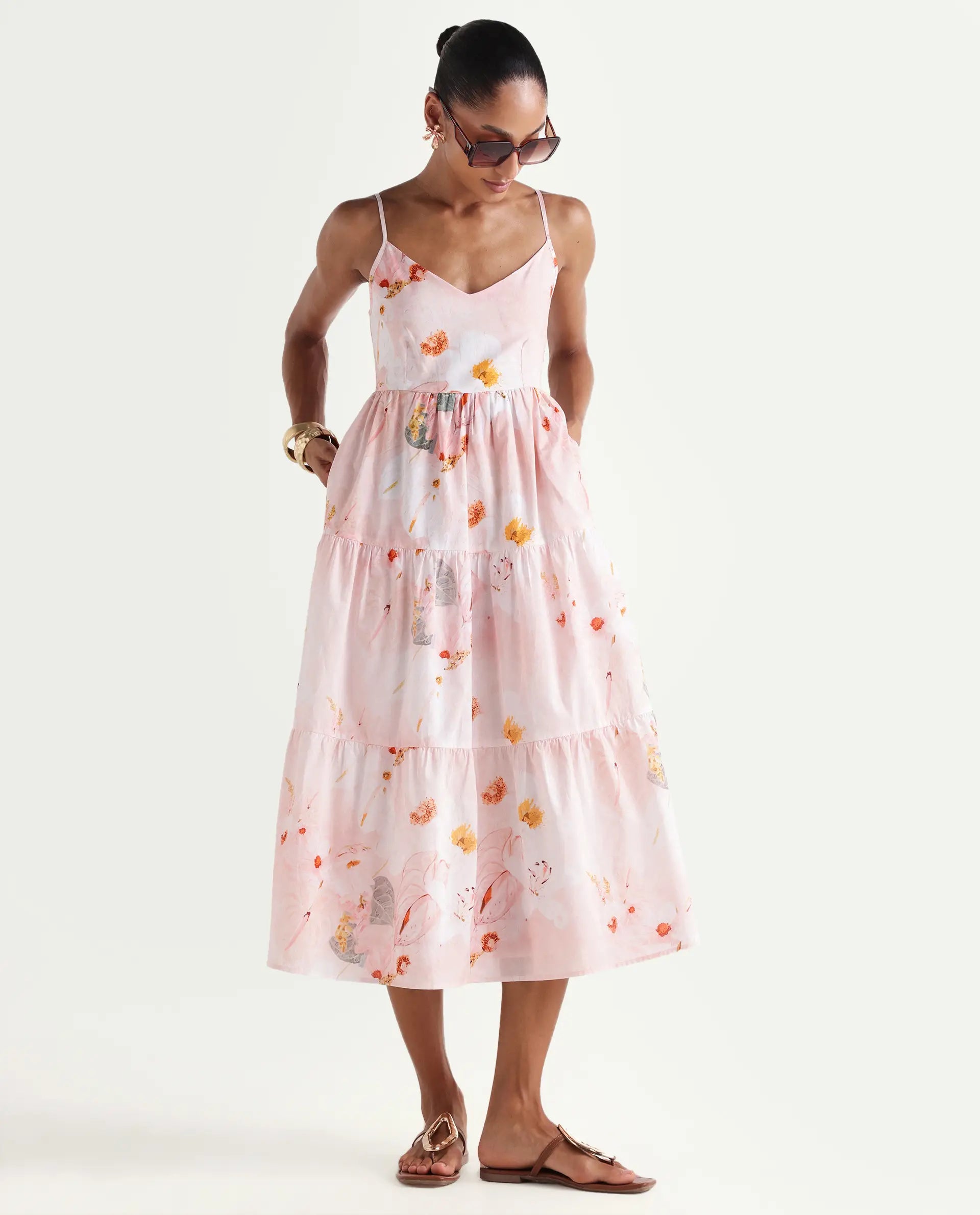 Rareism Women's Ruano Pastel Pink Cotton V-Neck Tiered Botanical Print Dress