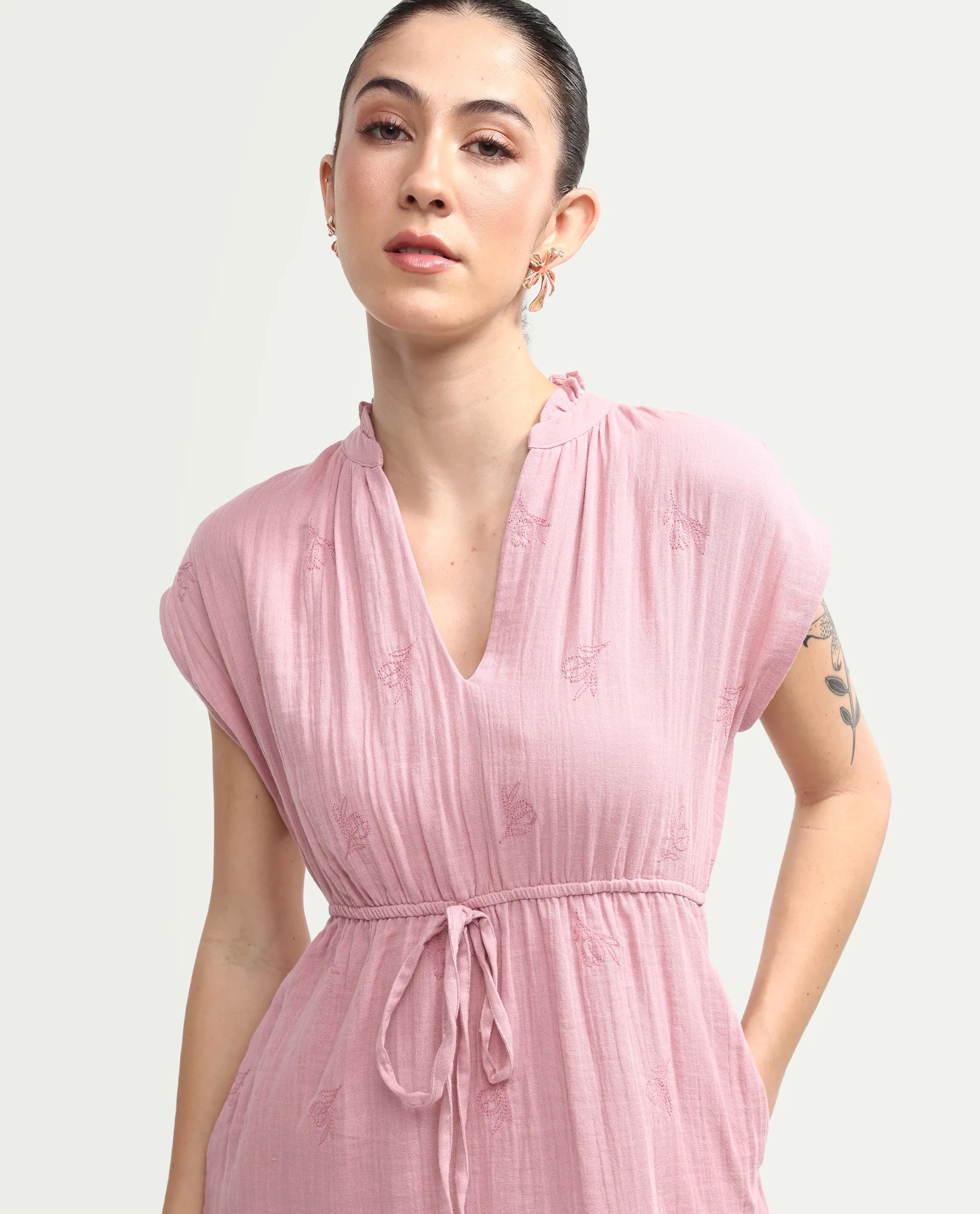 Rareism Women's Rudum Dusky Pink Cotton Ruffled Neck Fit And Flare Plain Dress