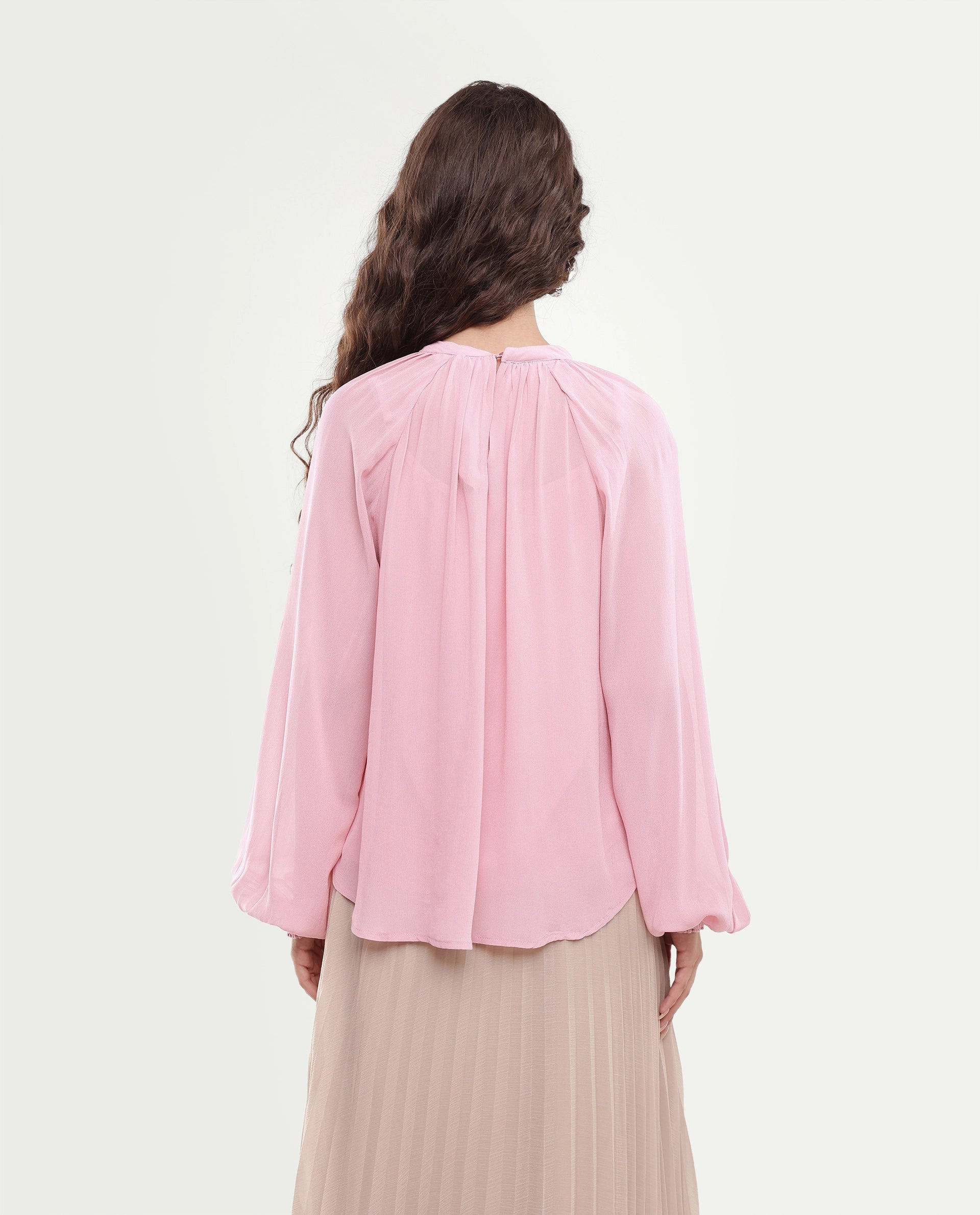 Rareism Women's Rumor Pastel Pink Viscose Fabric Band Collar Oversized Plain Top