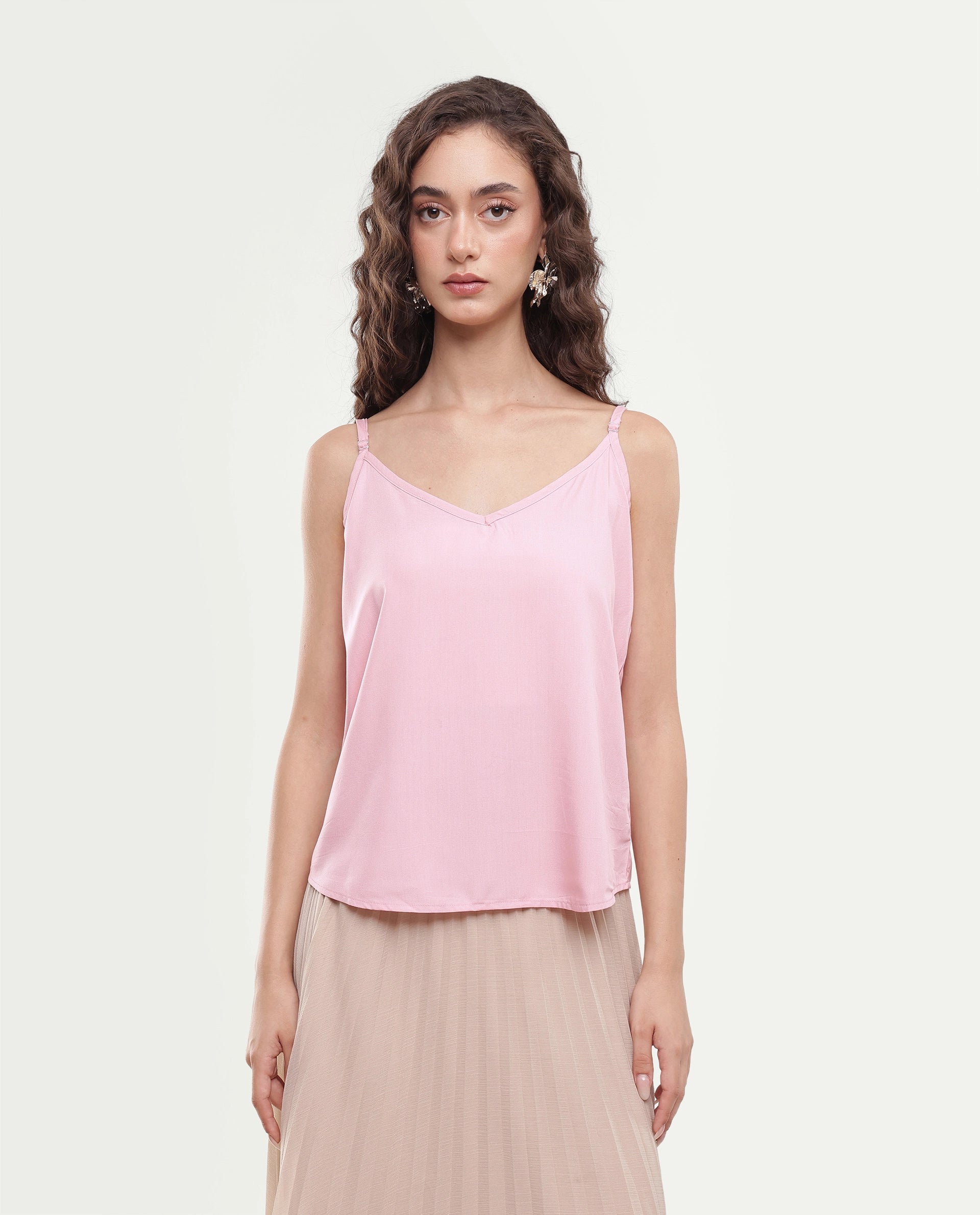 Rareism Women's Rumor Pastel Pink Viscose Fabric Band Collar Oversized Plain Top